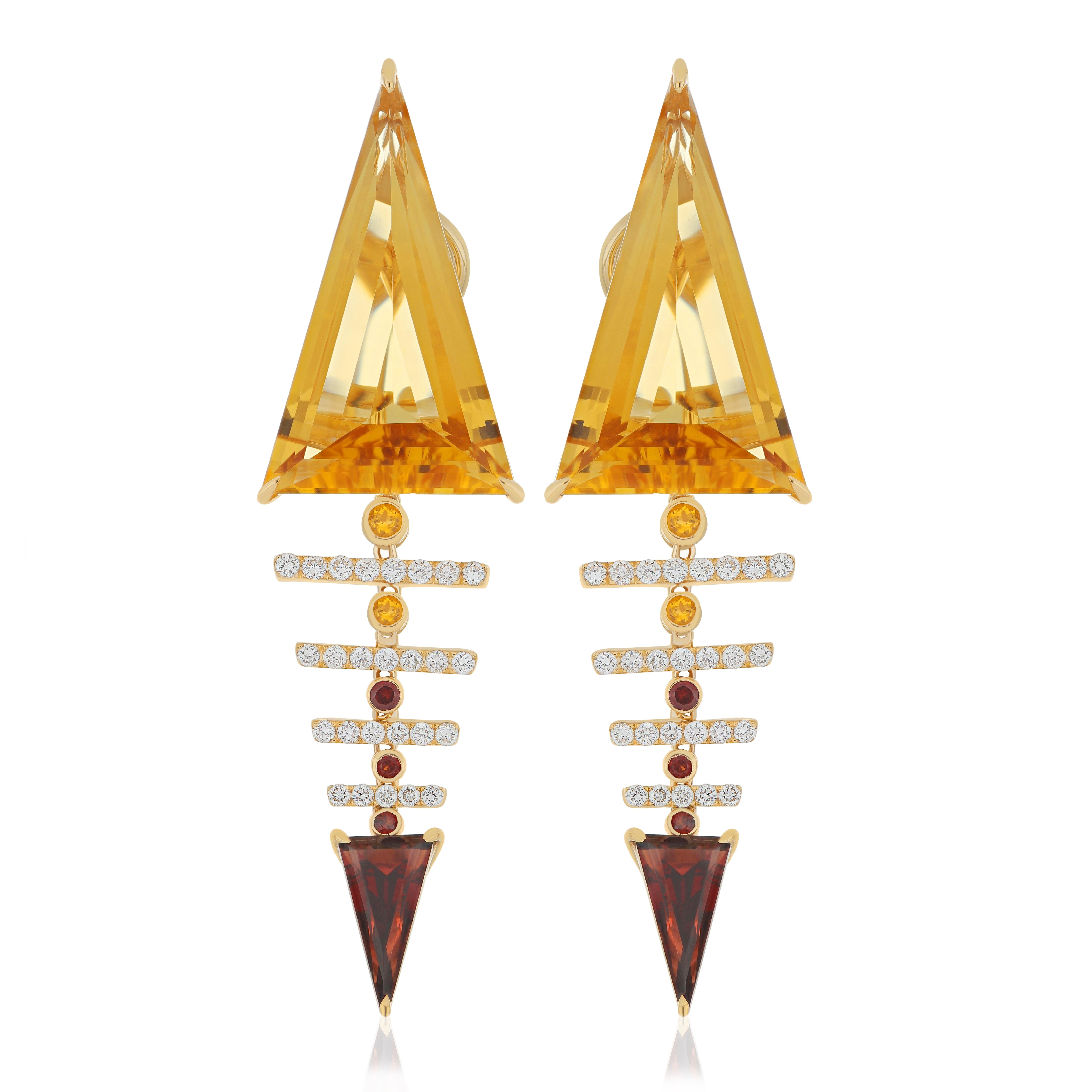 Women's or Men's Citrine, Garnet and Diamond Earring 14K Yellow Gold Drop Dangle Earring For Sale