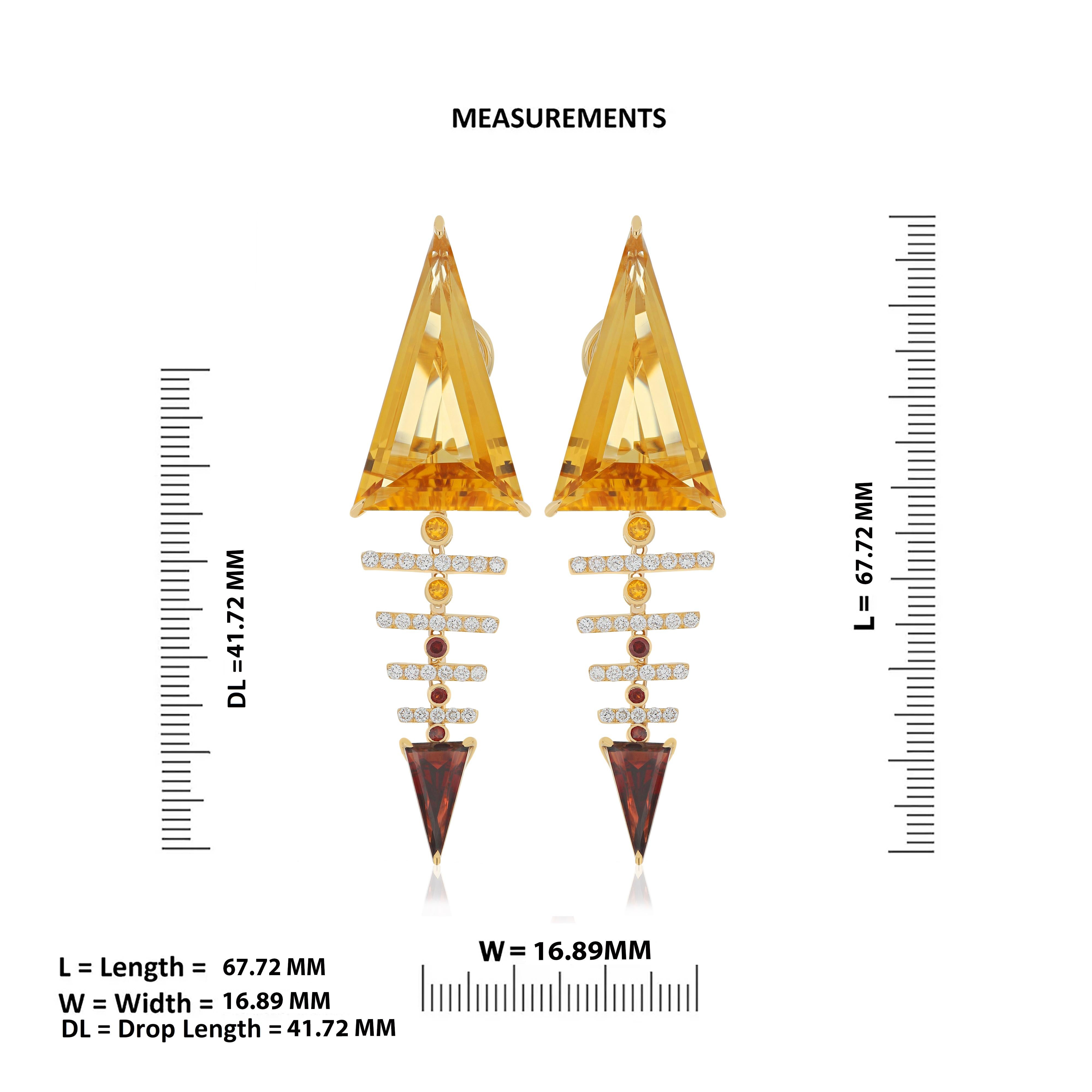 Citrine, Garnet and Diamond Earring 14K Yellow Gold Drop Dangle Earring For Sale 3