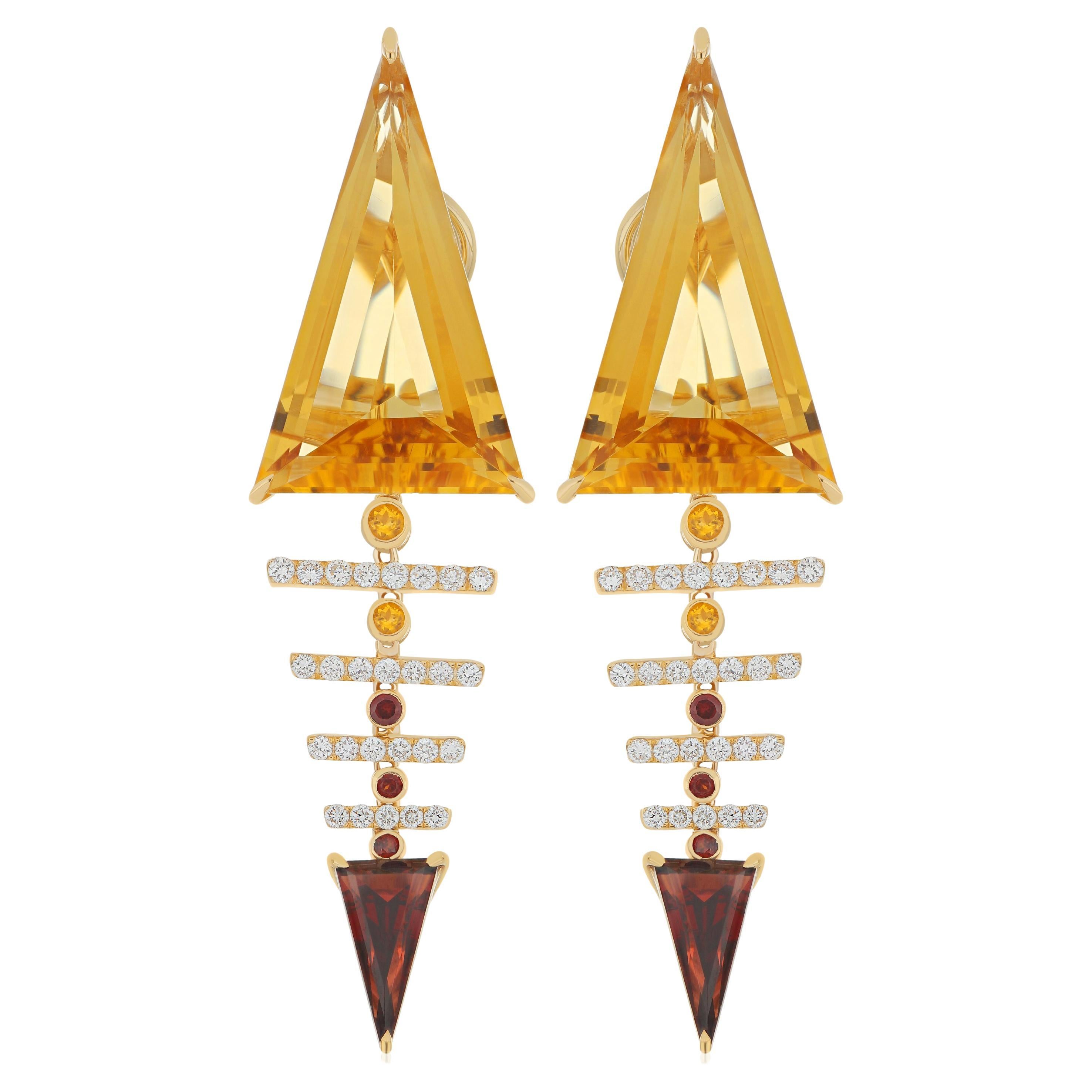 Citrine, Garnet and Diamond Earring 14K Yellow Gold Drop Dangle Earring