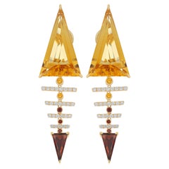 Citrine, Garnet and Diamond Earring 14K Yellow Gold Drop Dangle Earring
