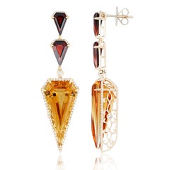 Citrine, Garnet and Diamond Studded 14K Yellow Gold Drop Earrings