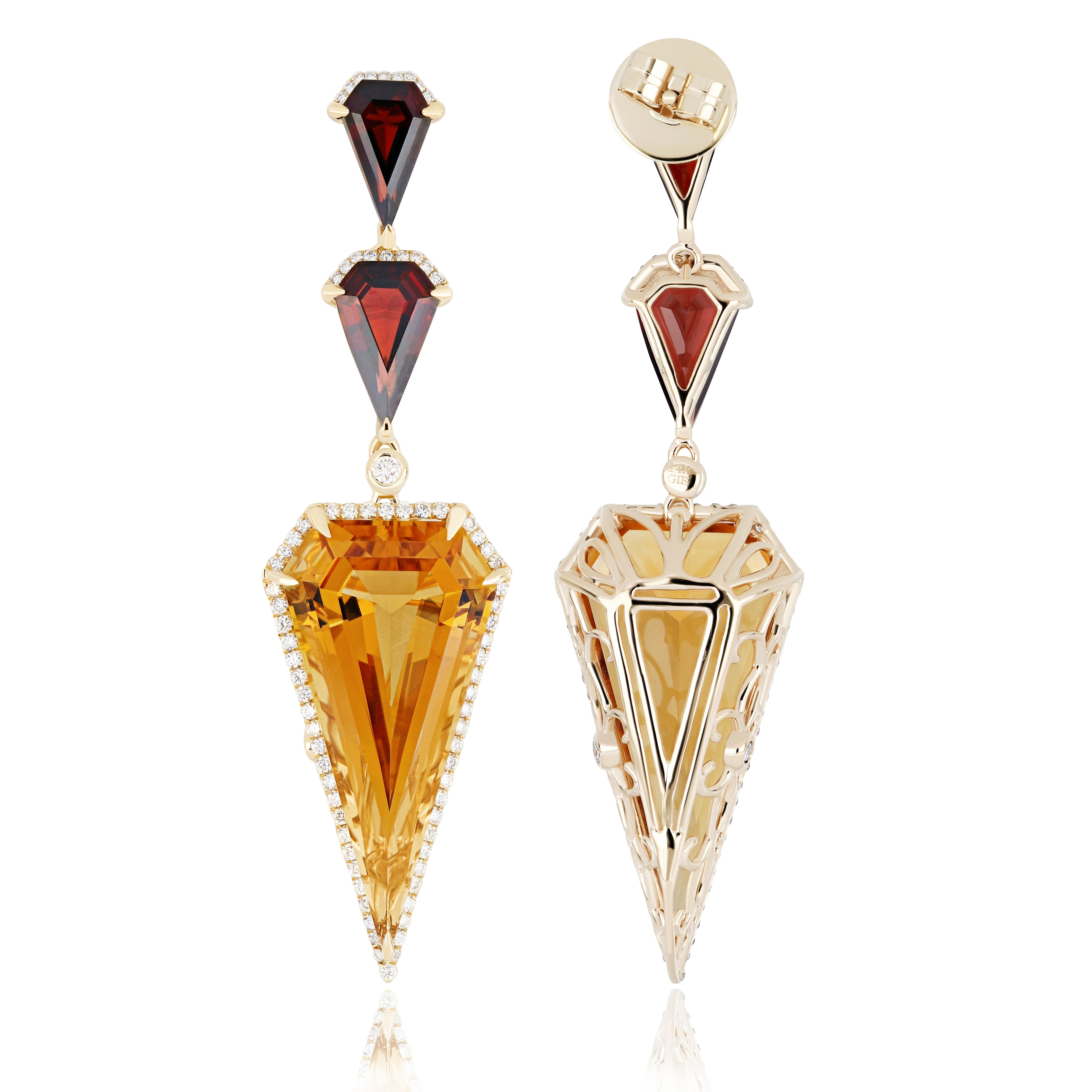 Pendants d'oreilles en or jaune 14K sertis de citrine, grenat et diamants en vente 4