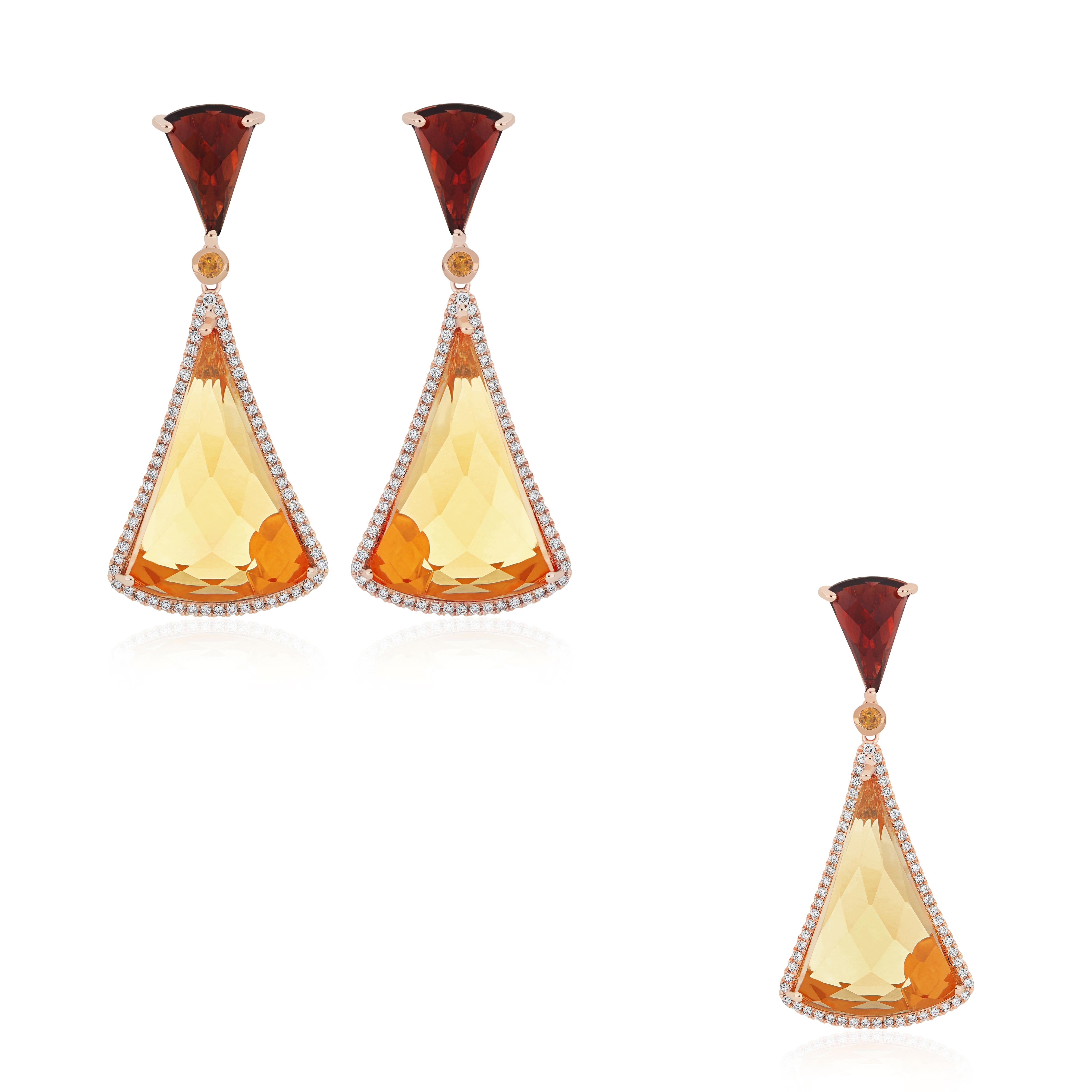 The Pendant: Effortlessly Radiate Elegance with a Central   9.72 -Carat (approx.) Fancy-Cut Citrine Adorned by a Brilliant Halo of Micro-Pave Diamonds Weighing 0.22Carats (approx.) and Bottom of the Pendant Pave sated Fancy-Cut Garnet with Weighing
