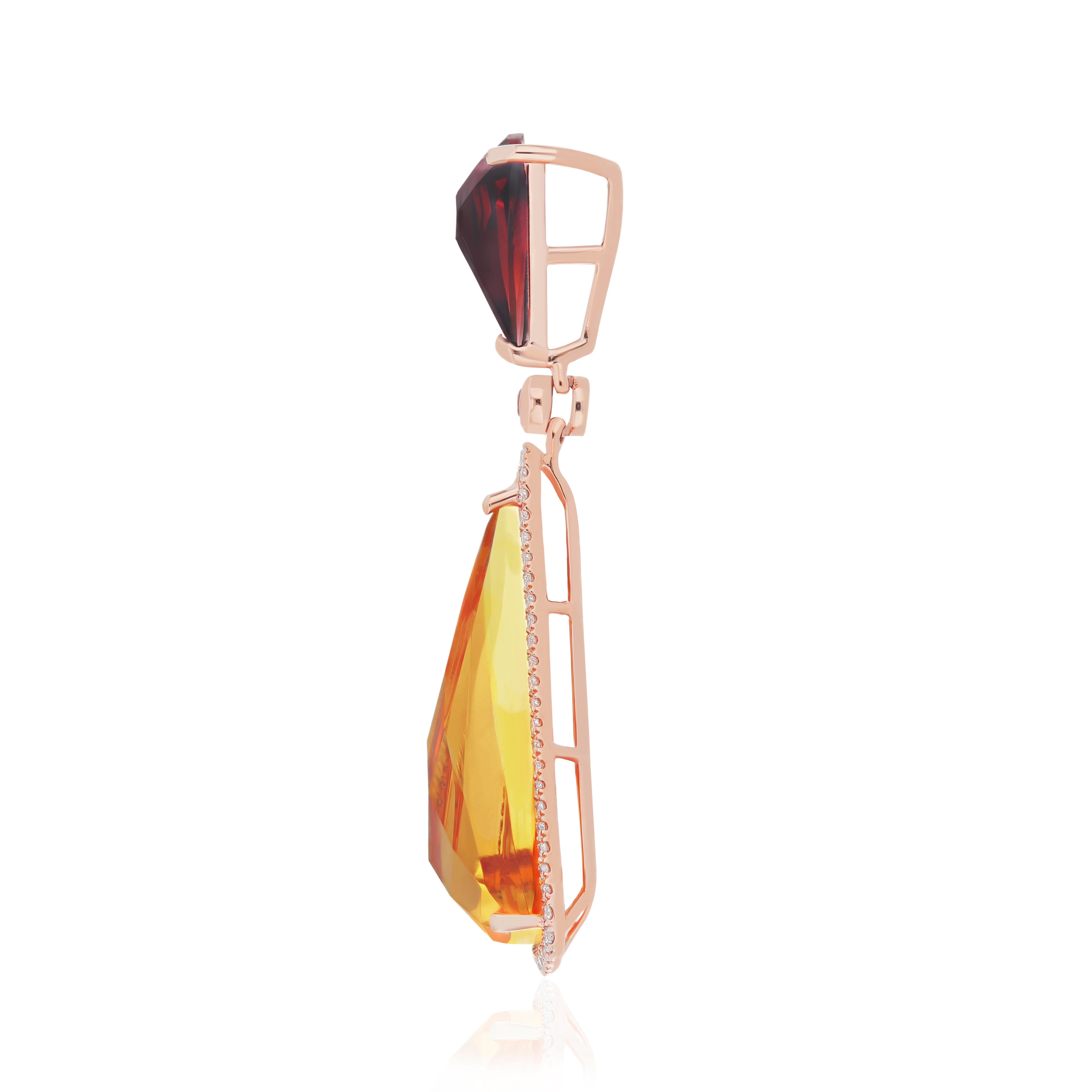 Citrine, Garnet and Diamond Studded Earring Pendant Set 14k Rose Gold For Sale 1