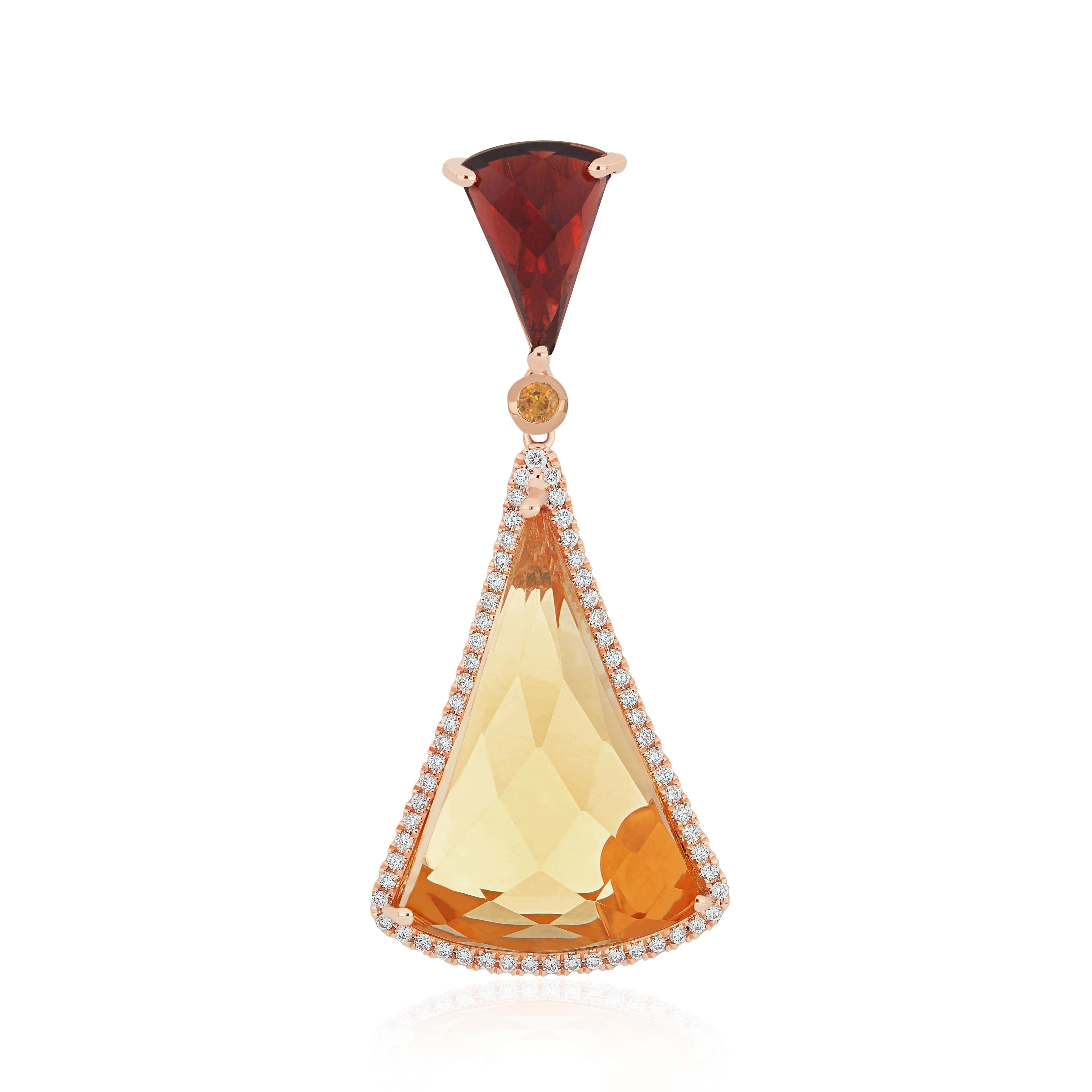 Citrine, Garnet and Diamond Studded Earring Pendant Set 14k Rose Gold For Sale 2