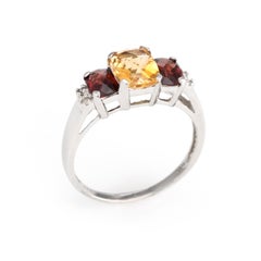 Citrine Garnet Diamond Ring Estate 10 Karat Gold Trilogy Vintage 3-Stone Band