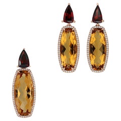 Citrine, Garnet & Diamond Studded Pendant & Earring set in 18 Karat Gold
