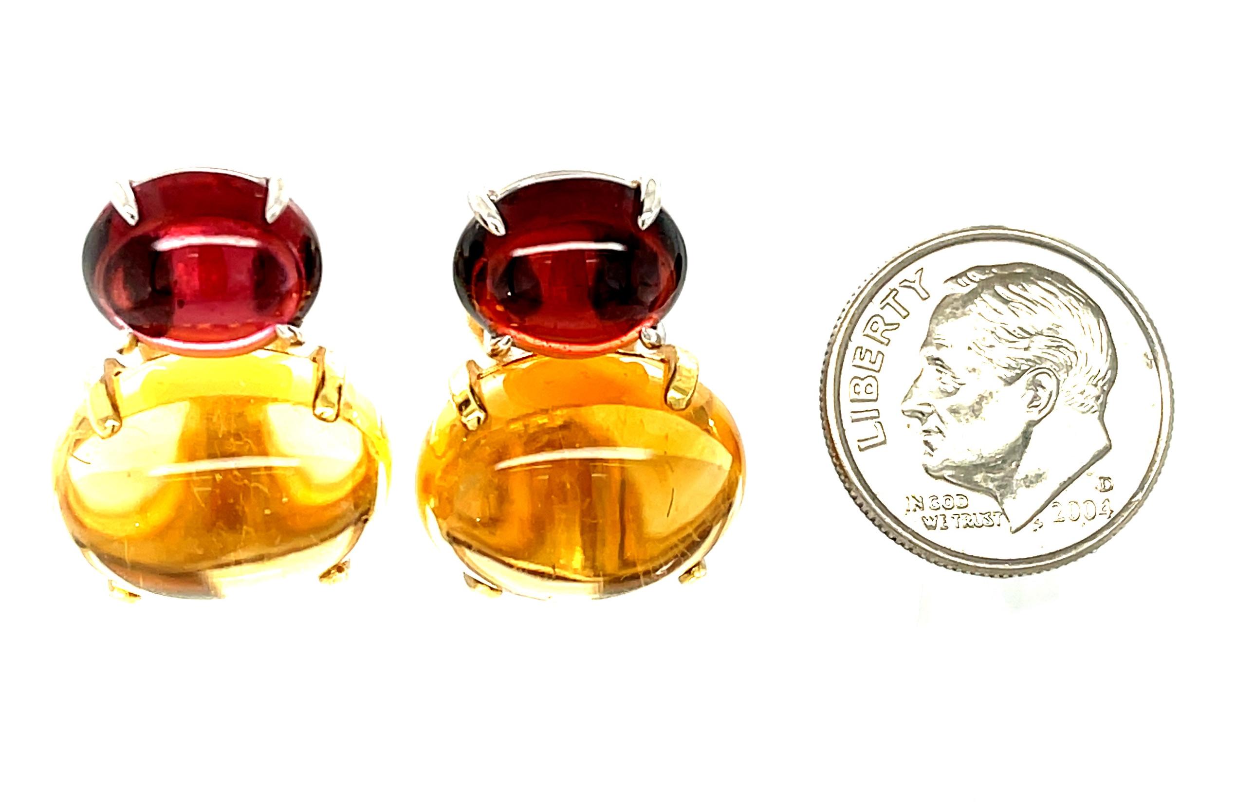 Artisan Citrine & Garnet Oval Cabochon, 18k Yellow, White Gold French Clip Drop Earrings