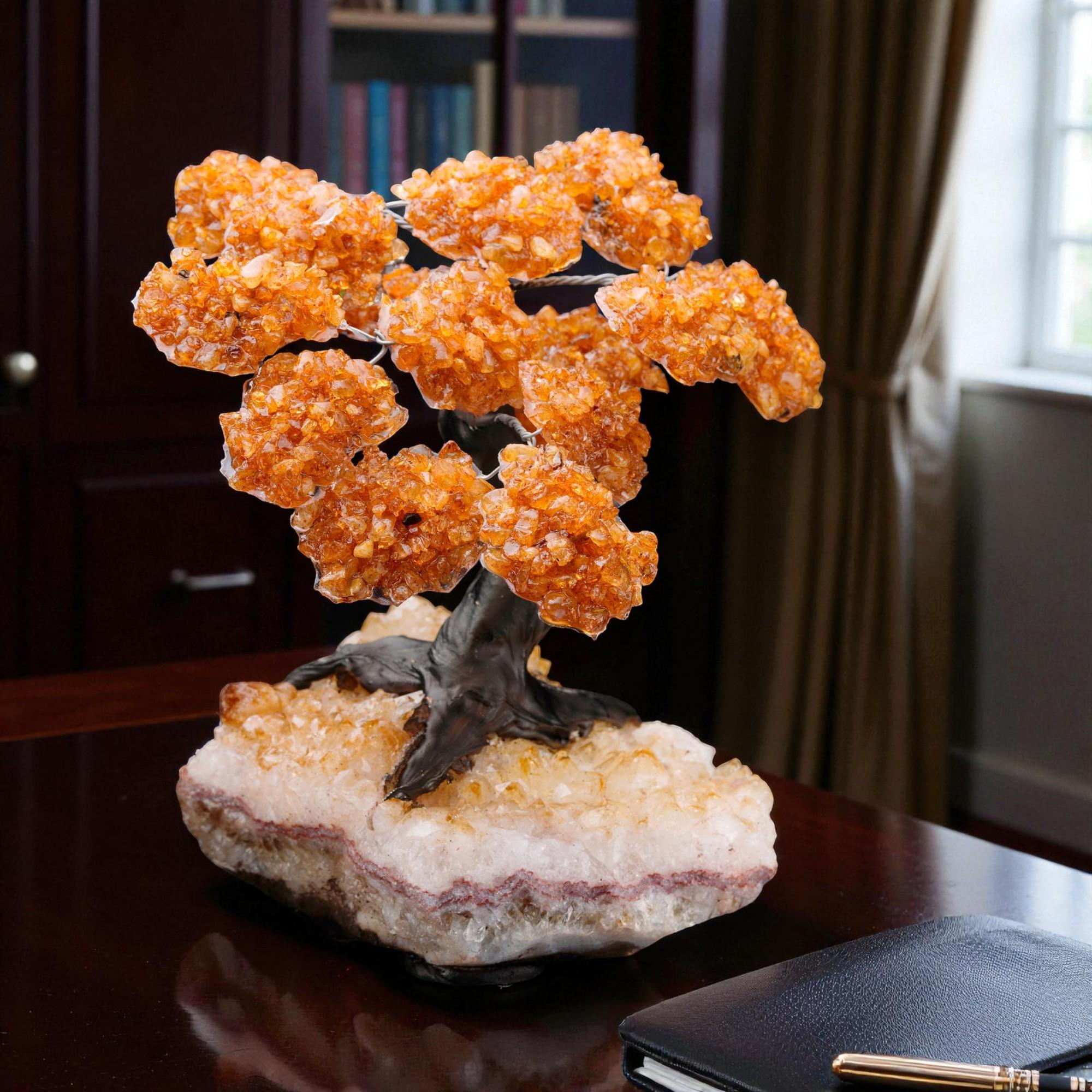 Metal Citrine Gem Tree on Citrine Cluster Base For Sale
