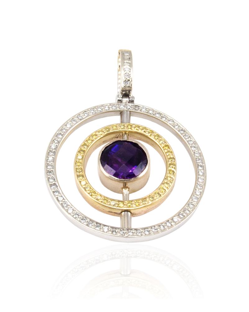 Extraordinary and versatile! That’s exactly what you'll say when you feast your eyes on this gorgeous contemporary pendant. The round amethyst is from Brazil. Two diamond frames featuring an the inner spinning halo to show natural pink diamonds
