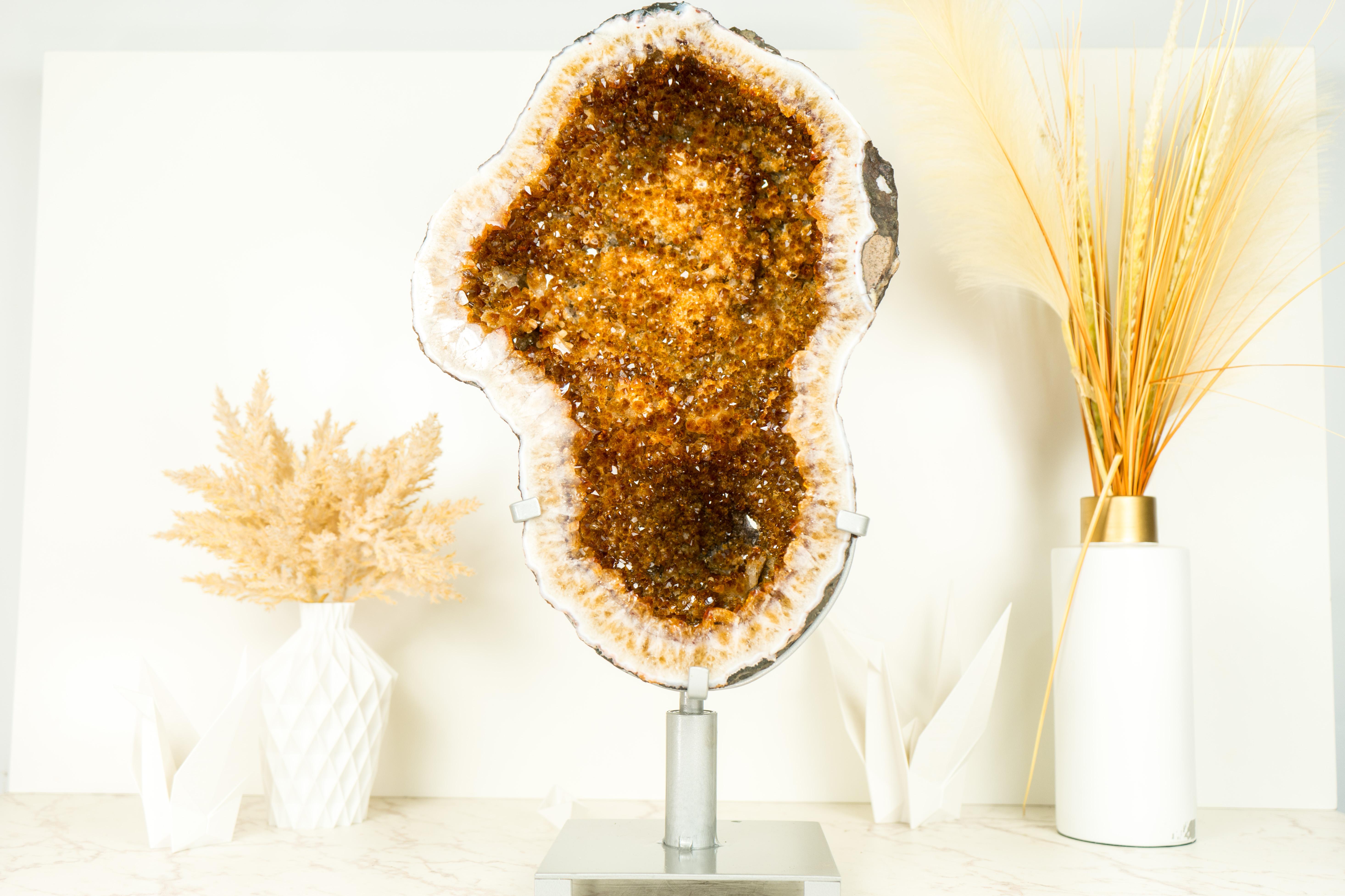 Contemporary Citrine Geode with Gorgeous Shiny Golden Orange Citrine Crystal Druzy For Sale