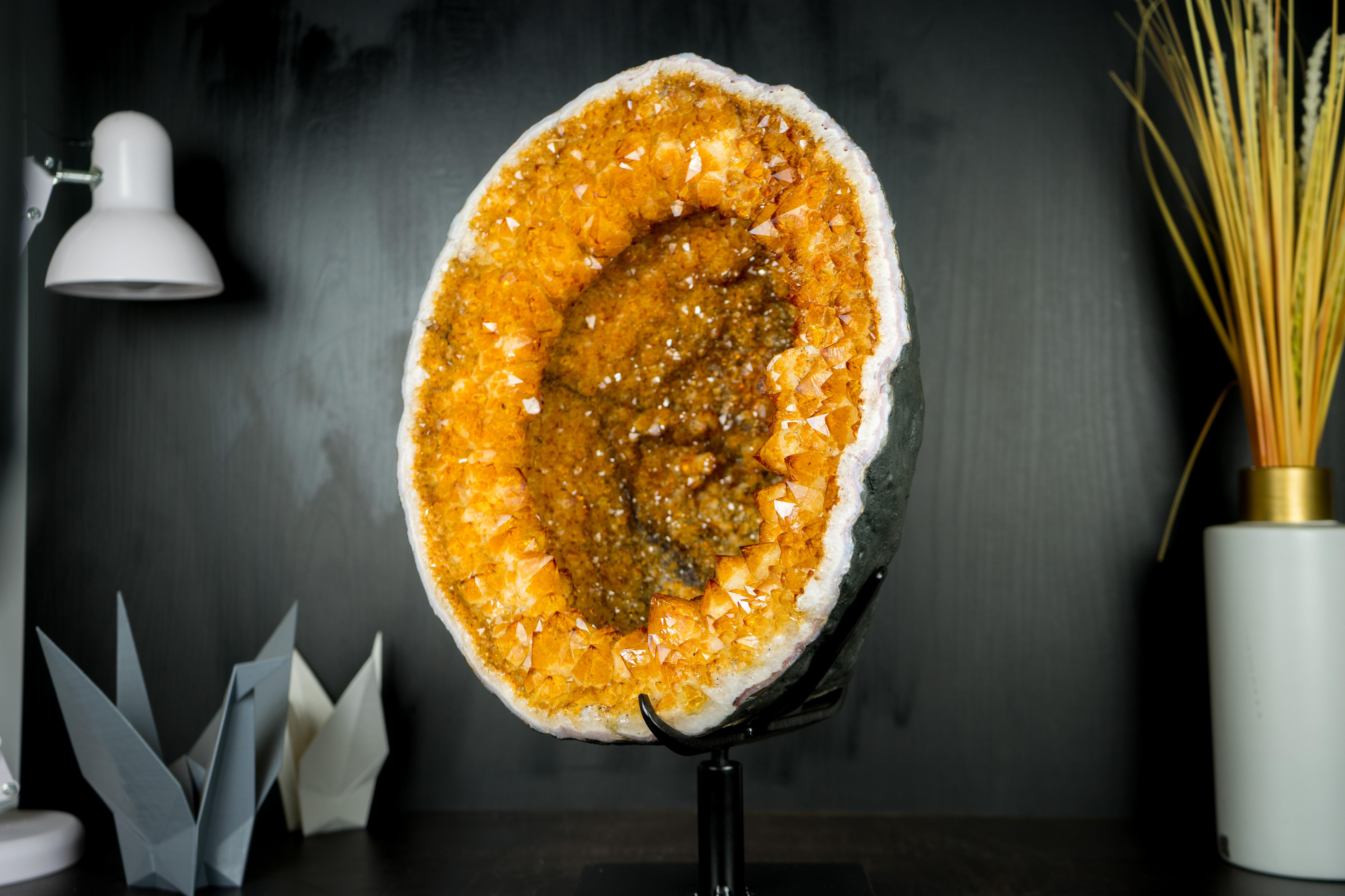 Contemporary Citrine Geode with Rare Citrine Crown and Stalactite Flowers - A Gallery Citrine For Sale