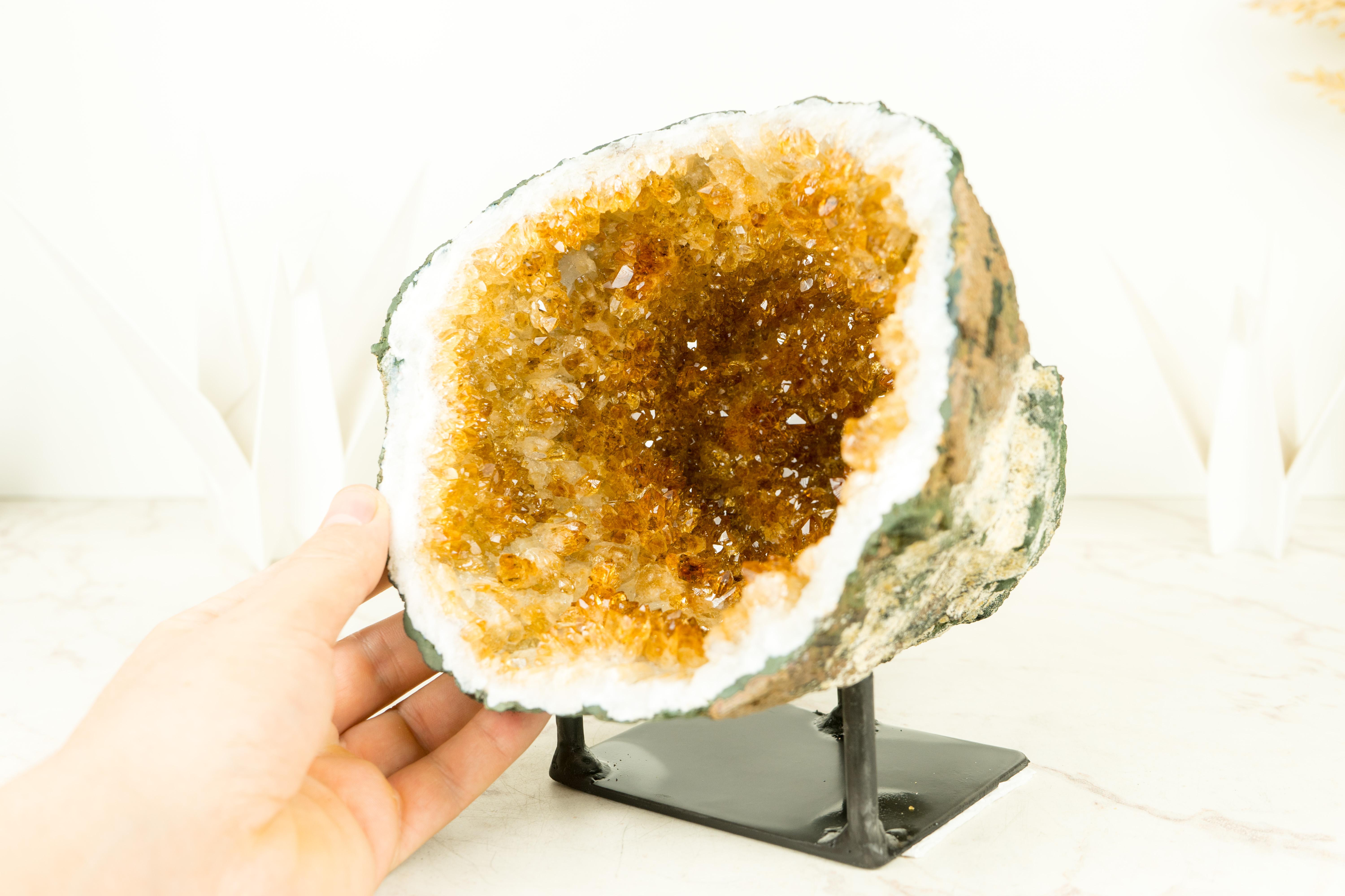 Brazilian Citrine Geode with Sparkly Orange Citrine Points and Flower Stalactites For Sale