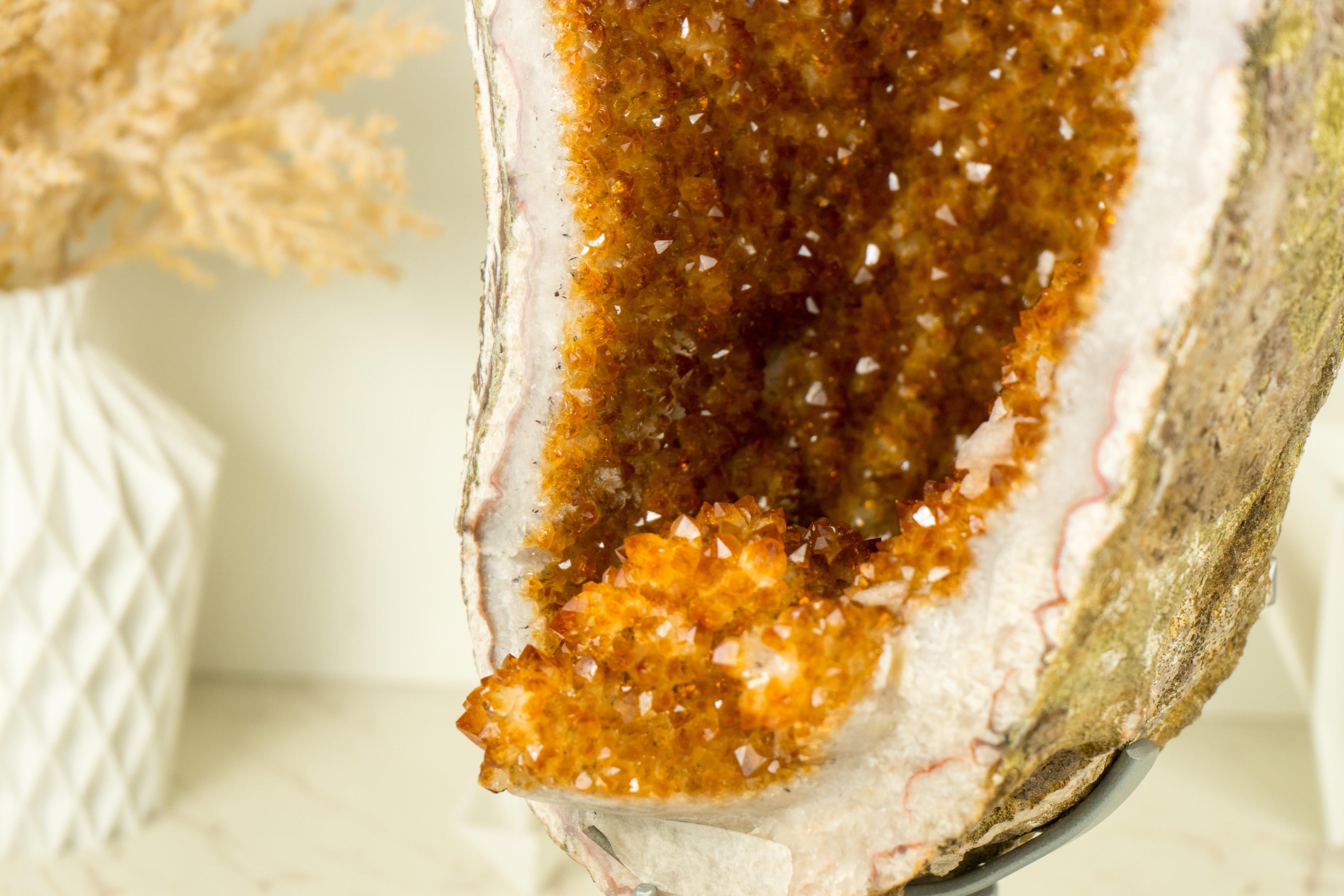 Citrine Geode with Stalactite Flower Formations and Deep Orange Citrine Crystal For Sale 1