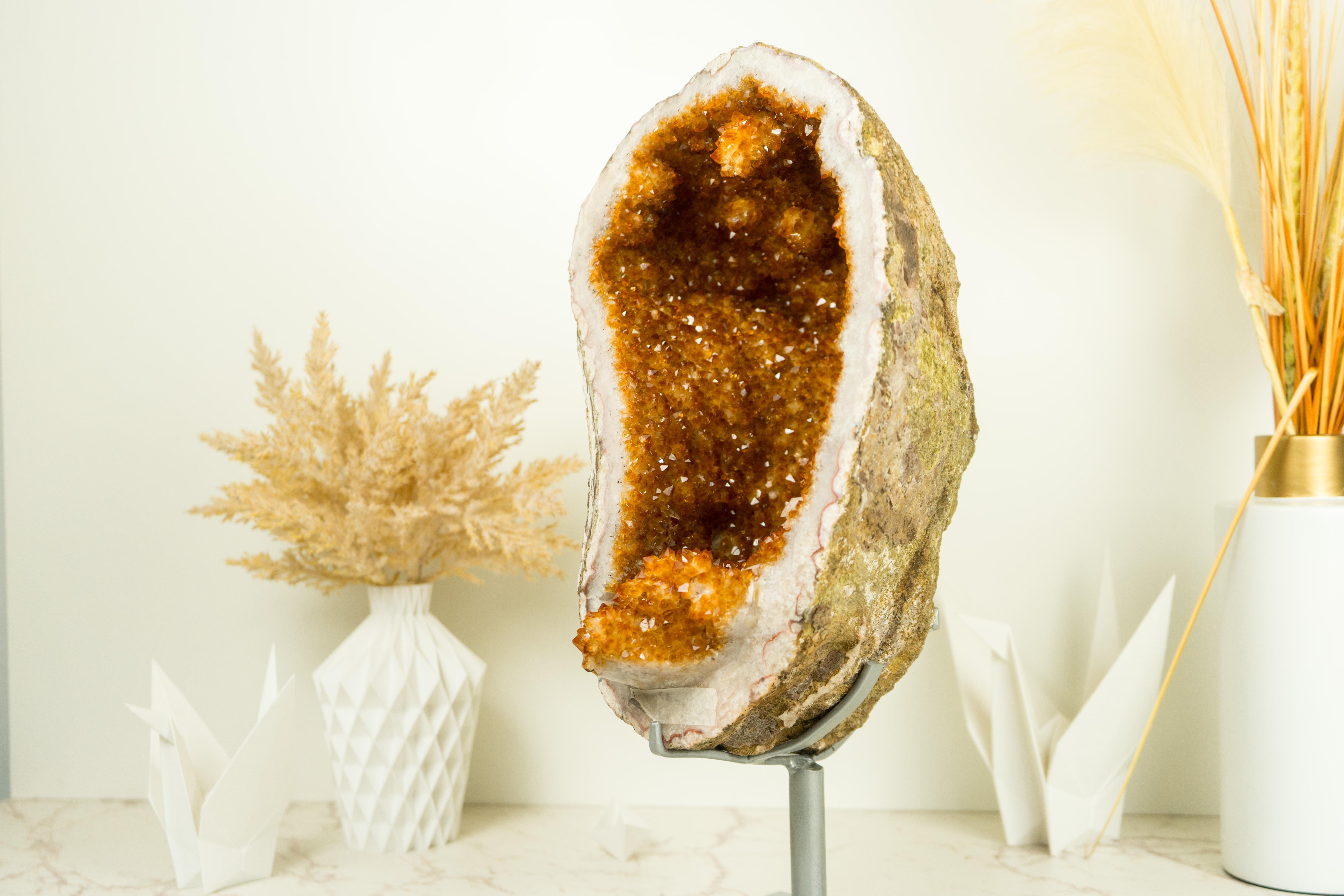 Citrine Geode with Stalactite Flower Formations and Deep Orange Citrine Crystal For Sale 2