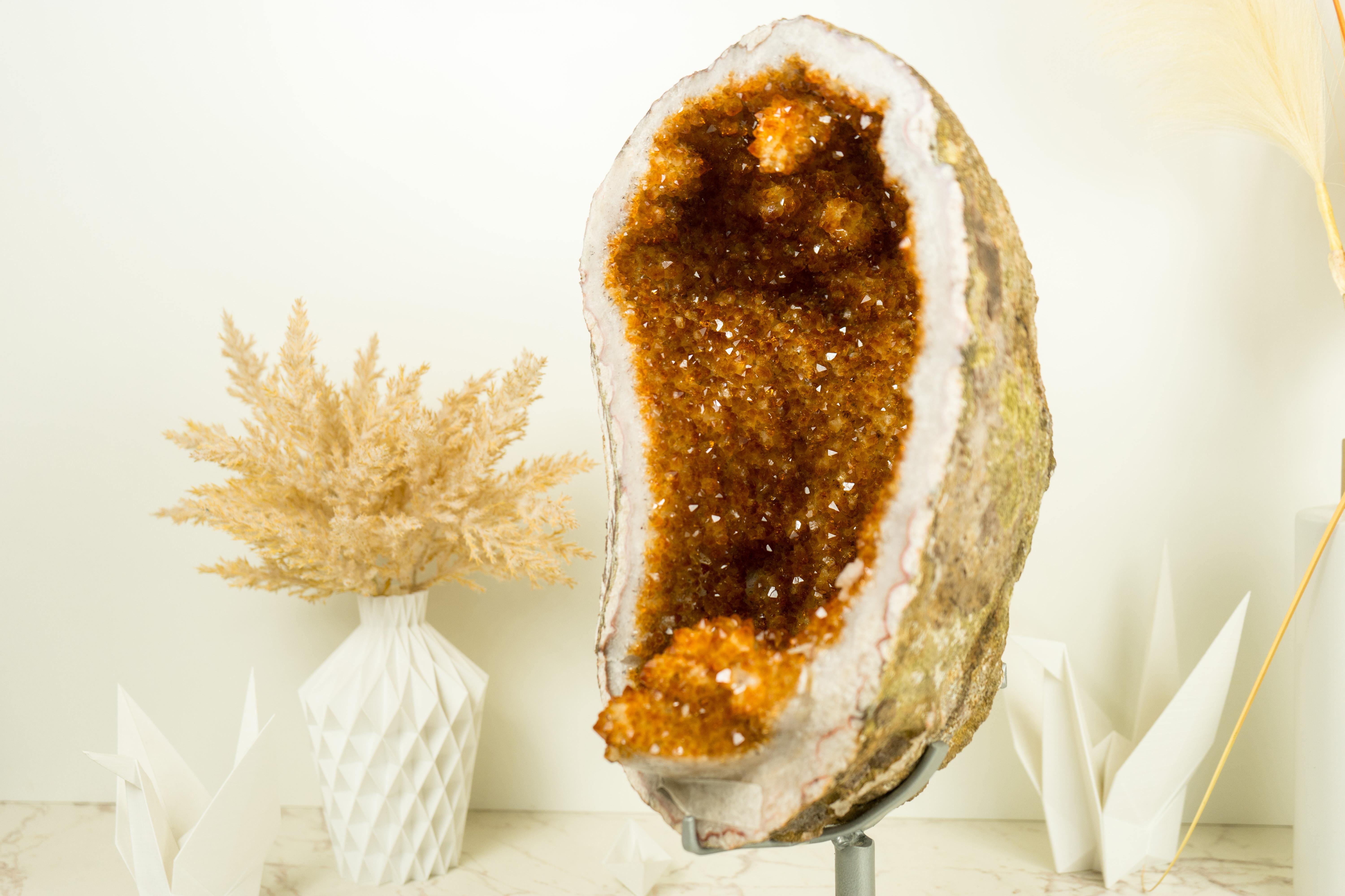 Citrine Geode with Stalactite Flower Formations and Deep Orange Citrine Crystal For Sale 3