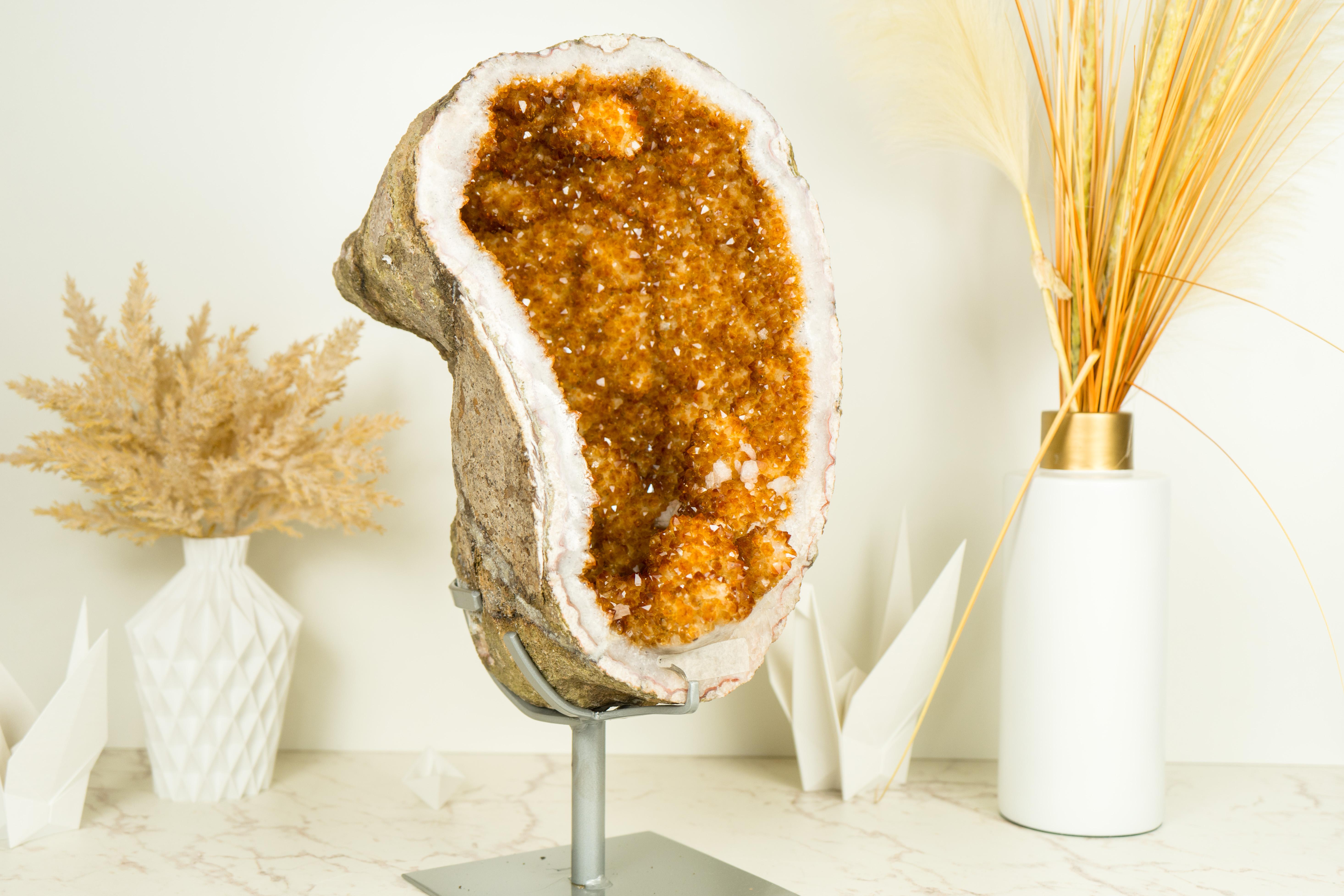 Contemporary Citrine Geode with Stalactite Flower Formations and Deep Orange Citrine Crystal For Sale