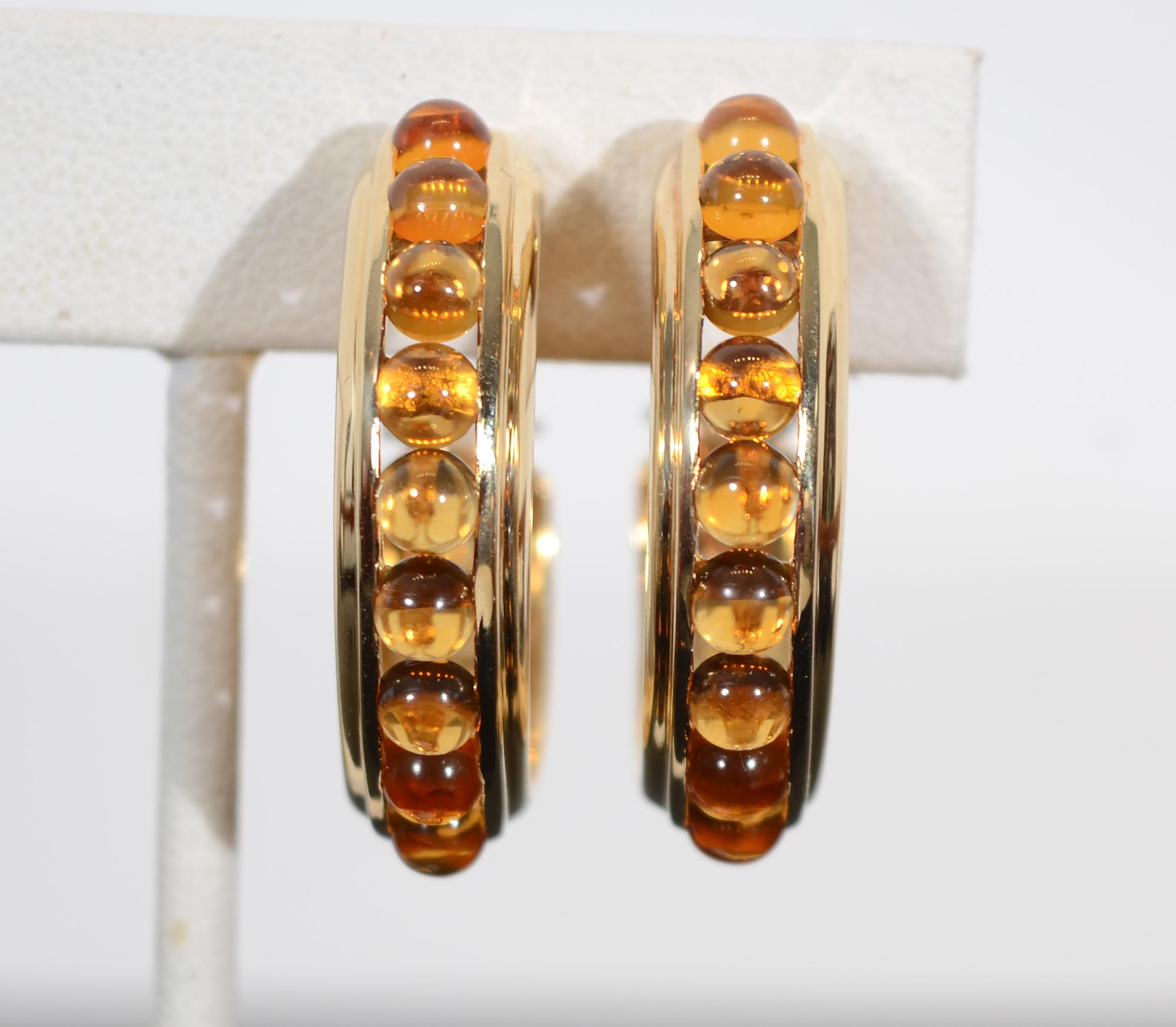 Cabochon Citrine Gold Hoop Earrings For Sale