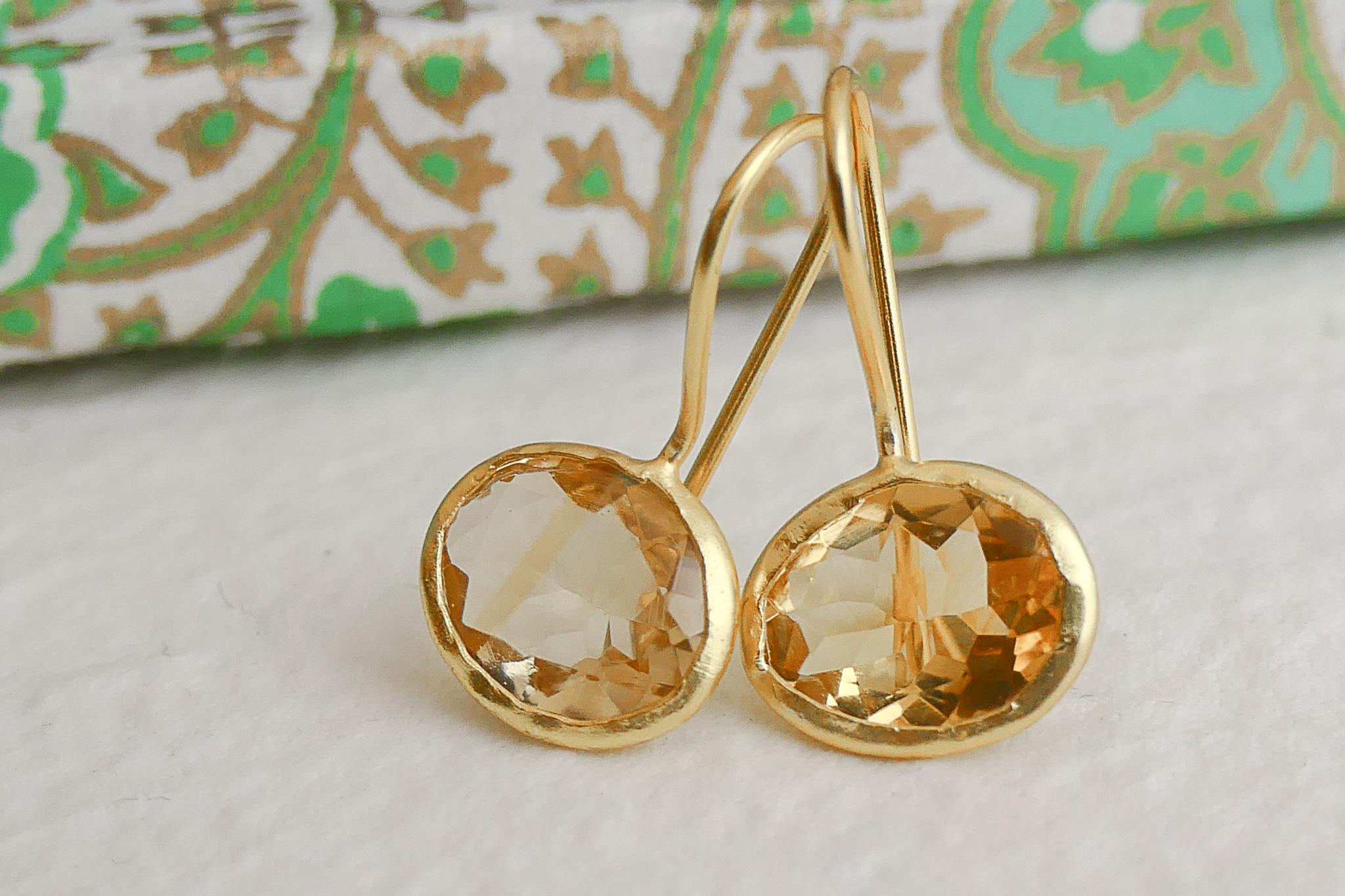 Oval Cut Citrine Gold Plated Sterling Silver Drop Earrings For Sale