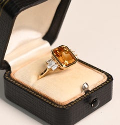 Natural Citrine Ring. 3.30ct Emerald Cut Citrine Baguette Diamond 18 Karat Gold