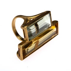 Green Amethyst  Citrine 18 Karat Yellow Gold Baguette Ring