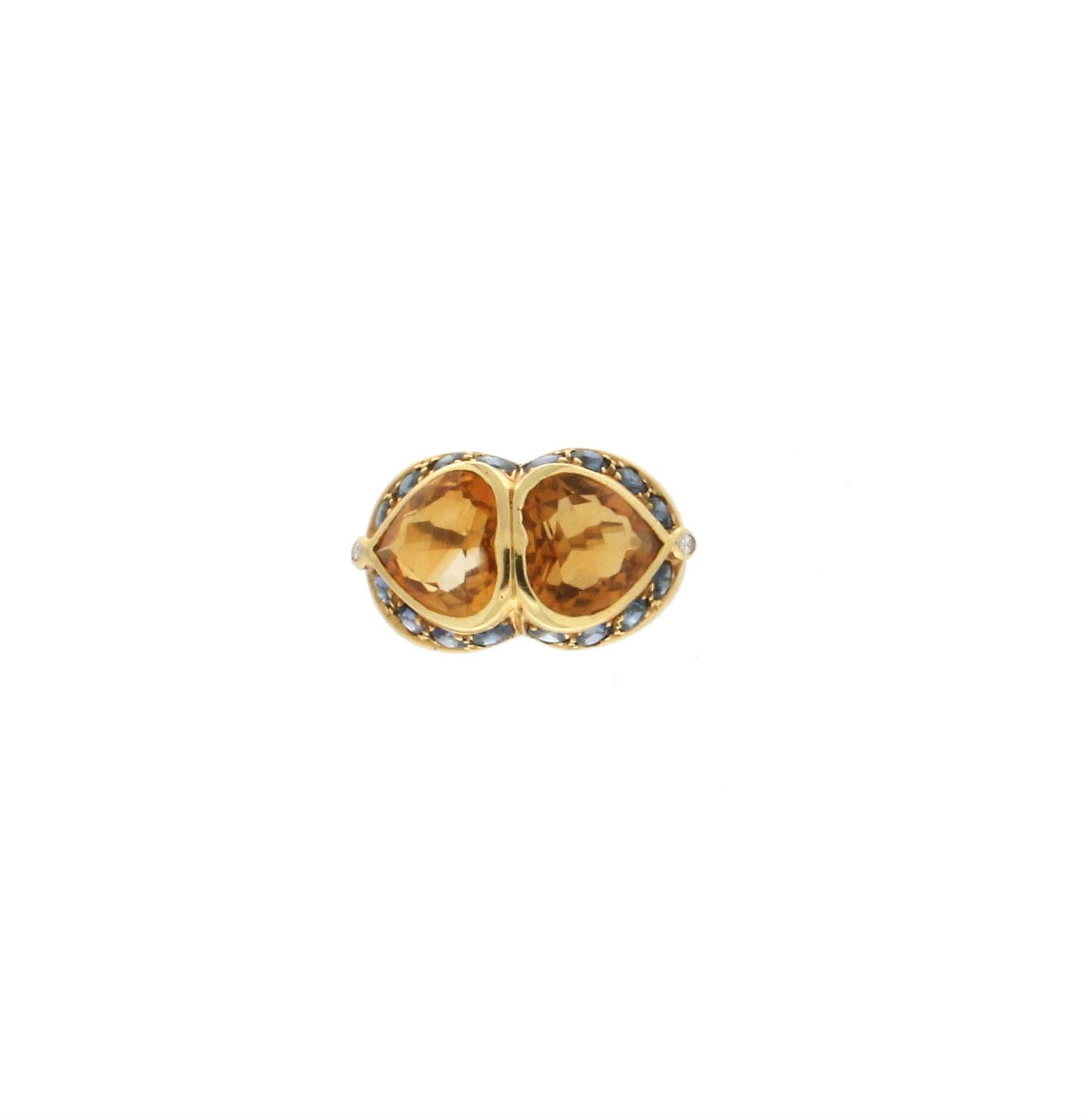 Artisan Citrine Hearts 18 Karat Yellow Gold Sapphires Diamonds Cocktail Ring For Sale