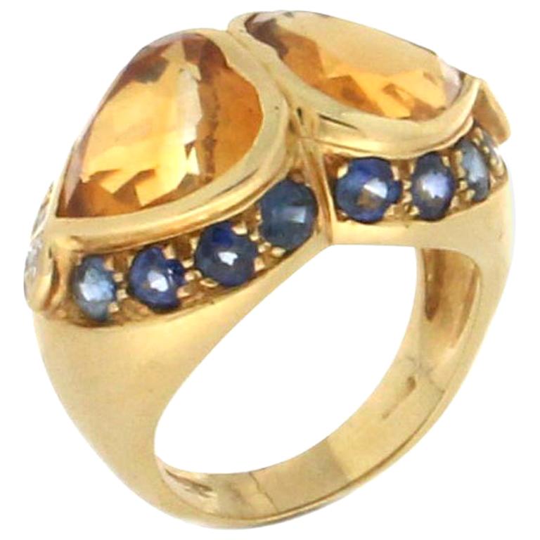 Citrine Hearts 18 Karat Yellow Gold Sapphires Diamonds Cocktail Ring For Sale