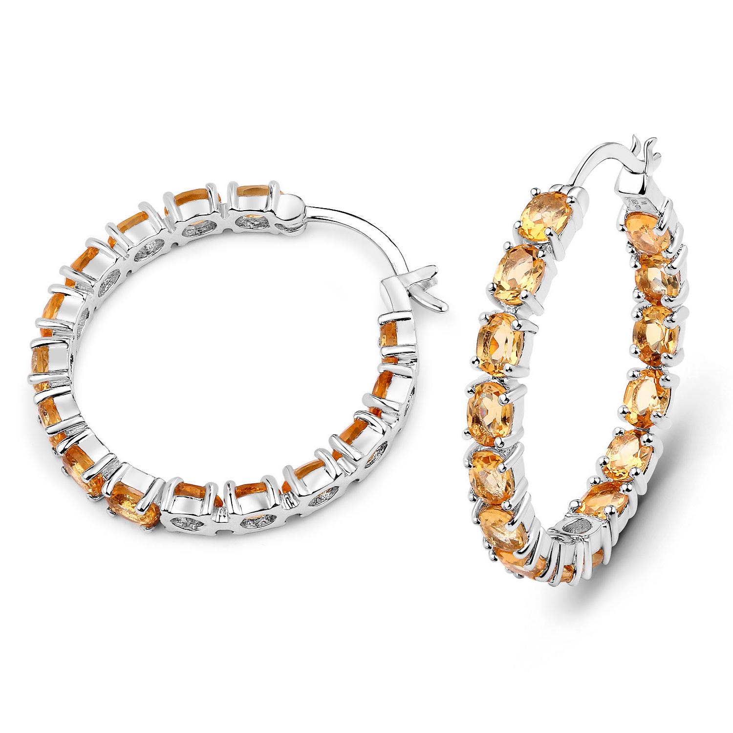Contemporary Citrine Hoop Earrings 4.78 Carats Rhodium Plated Sterling Silver For Sale