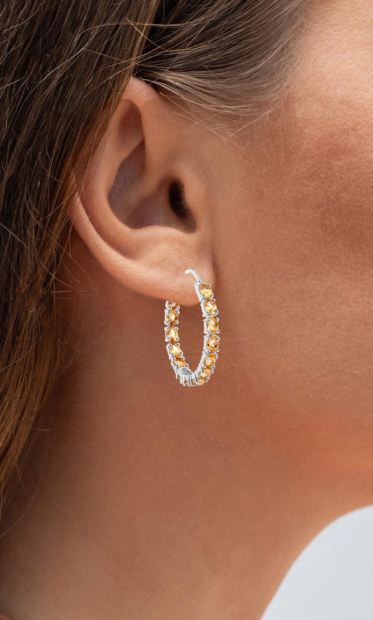Citrine Hoop Earrings 4.78 Carats Rhodium Plated Sterling Silver In Excellent Condition For Sale In Aliso Viejo, CA