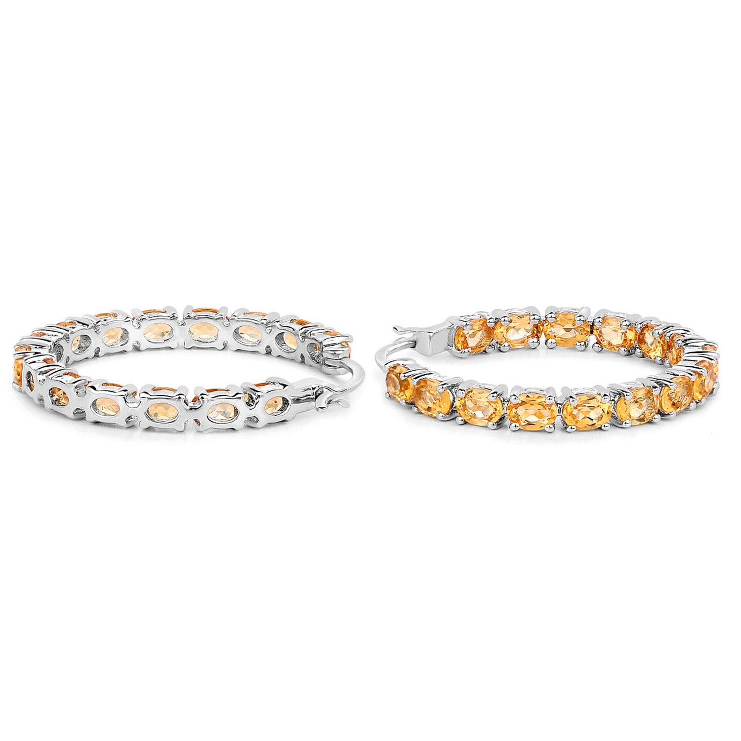 Women's or Men's Citrine Hoop Earrings 4.78 Carats Rhodium Plated Sterling Silver For Sale