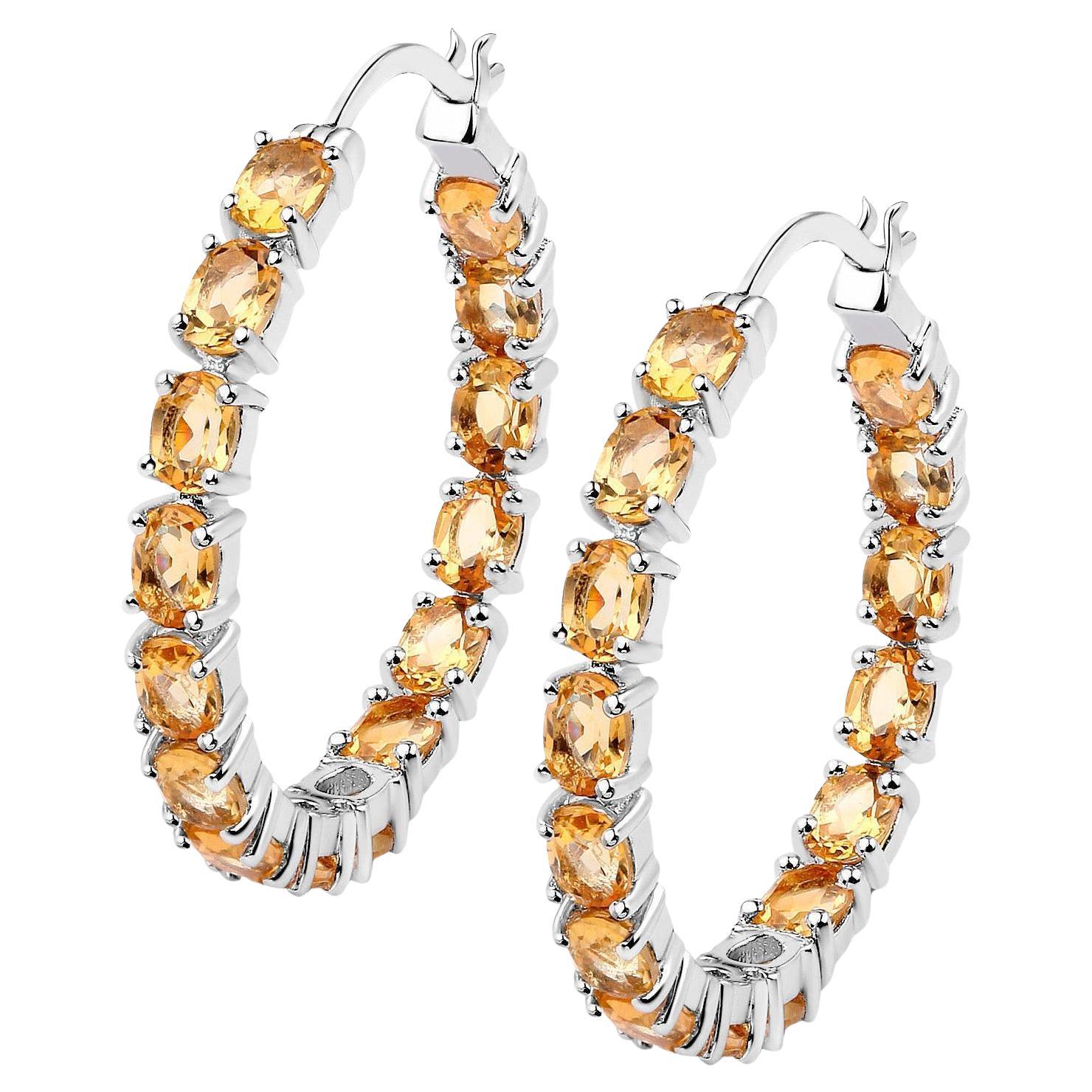 Citrine Hoop Earrings 4.78 Carats Rhodium Plated Sterling Silver
