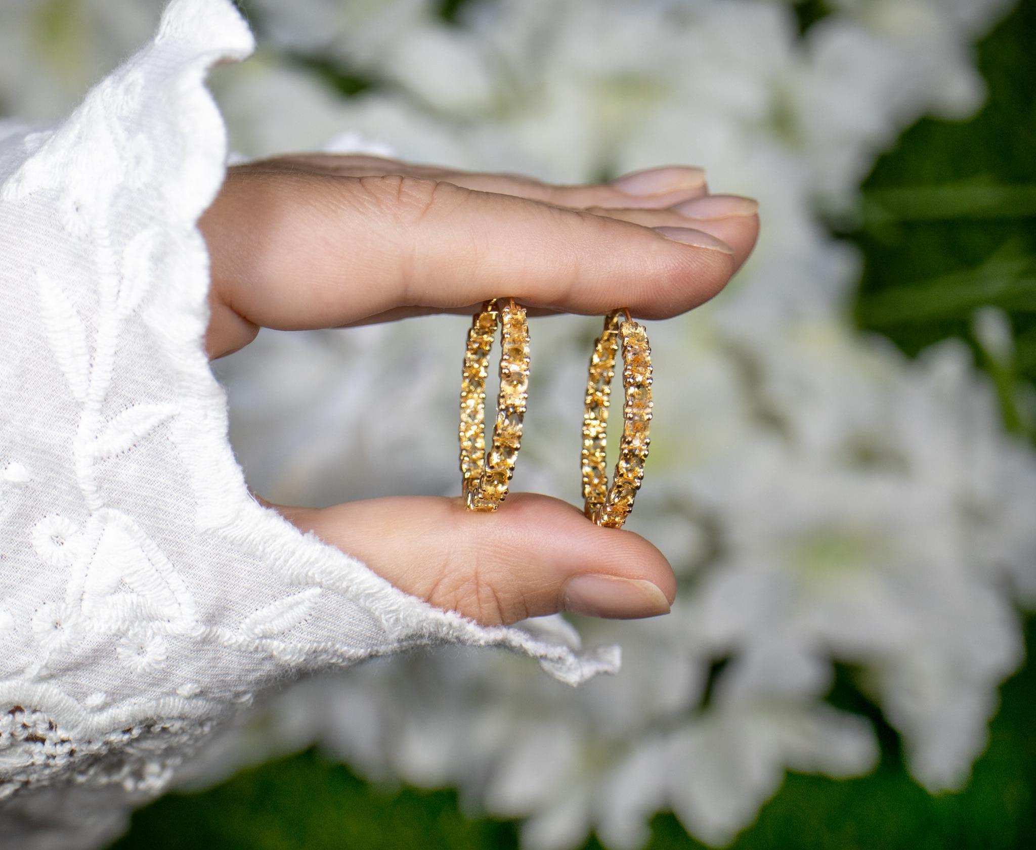 Contemporary Citrine Hoop Earrings 4.85 Carats 14K Yellow Gold Plated Silver For Sale