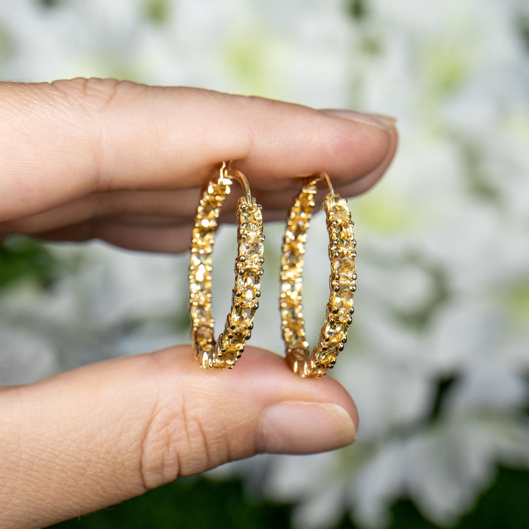Citrine Hoop Earrings 4.85 Carats 14K Yellow Gold Plated Silver In Excellent Condition For Sale In Aliso Viejo, CA