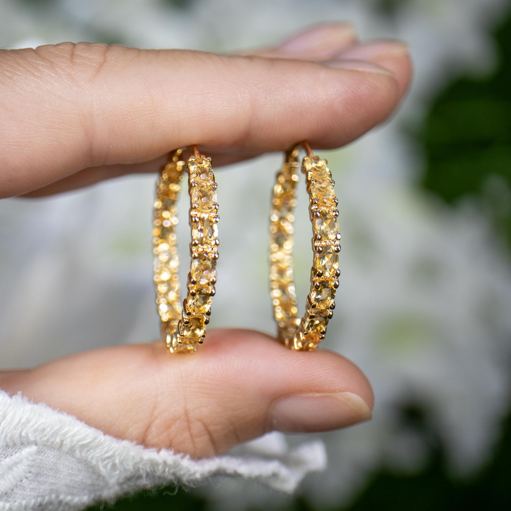Women's or Men's Citrine Hoop Earrings 4.85 Carats 14K Yellow Gold Plated Silver For Sale