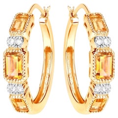 Citrine Hoop Earrings With White Topaz 2.84 Carats Gold Plated Silver