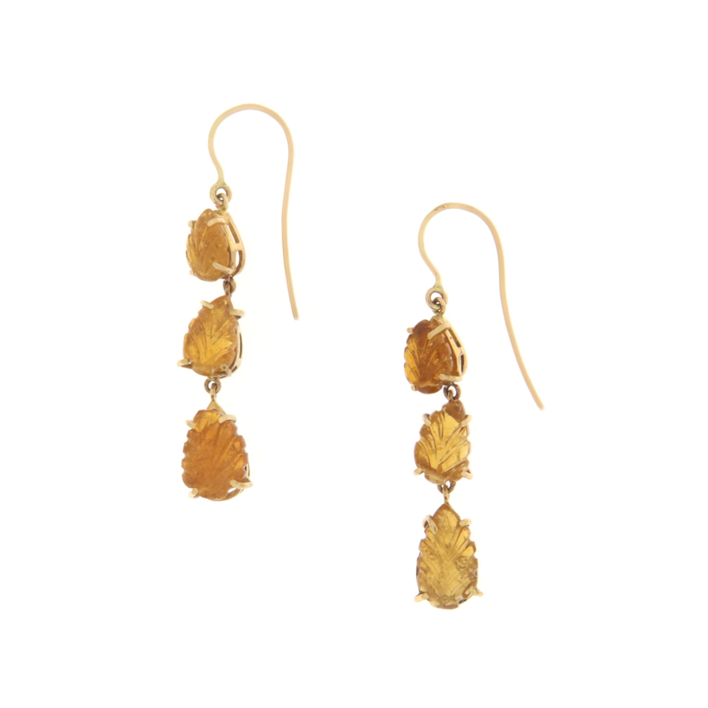 Artisan Citrine Leaves 14 Karat Yellow Gold Drop Earrings For Sale