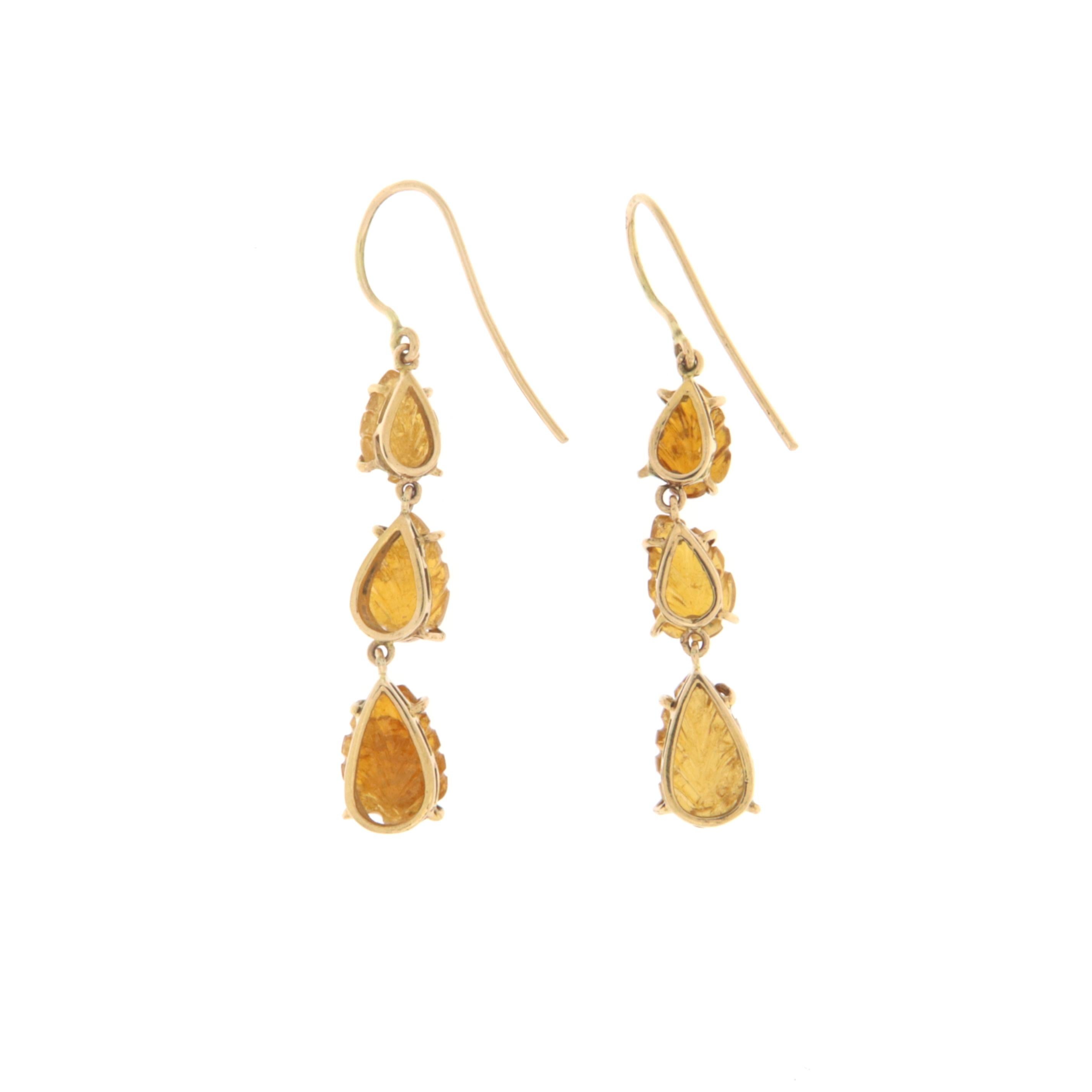Uncut Citrine Leaves 14 Karat Yellow Gold Drop Earrings For Sale