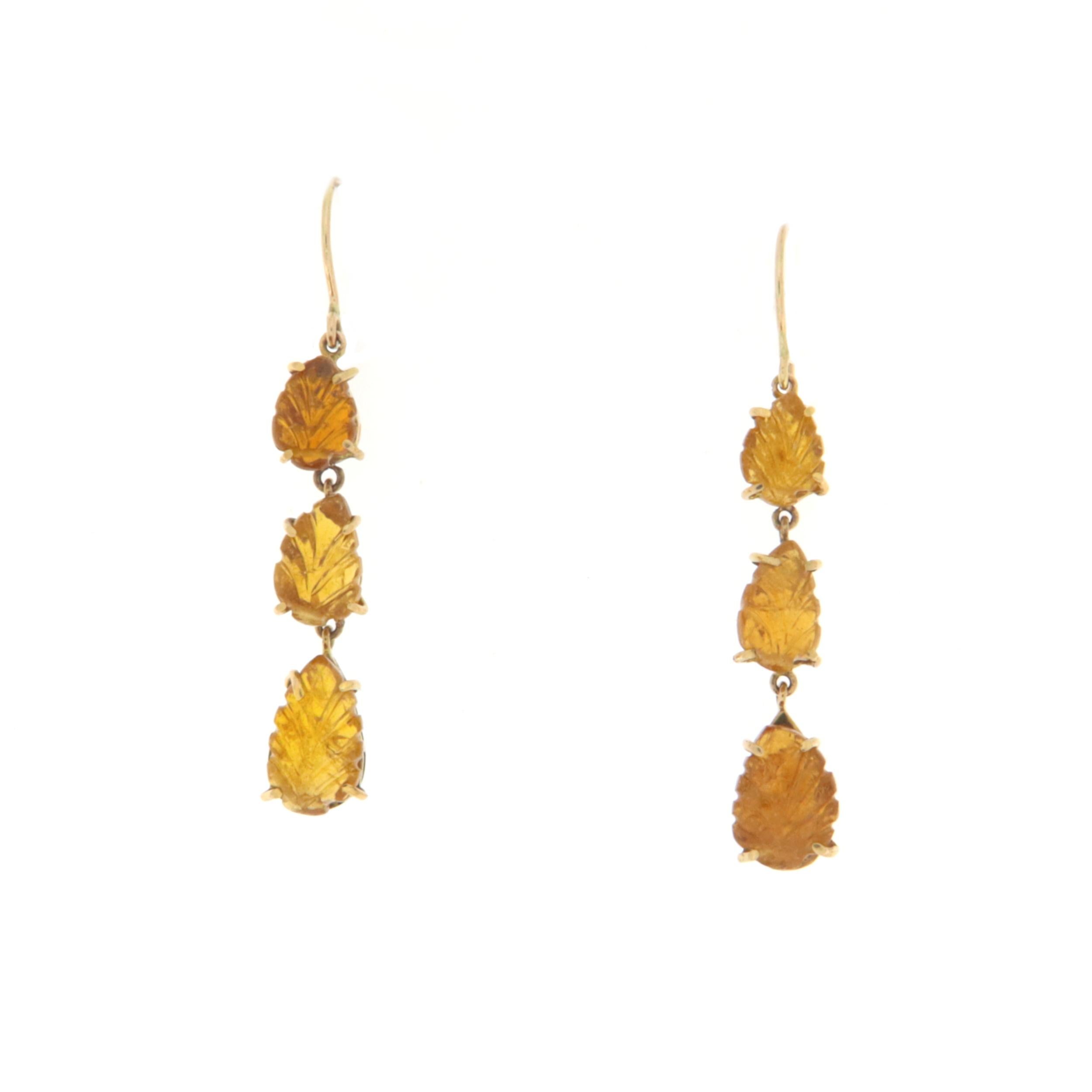 Citrine Leaves 14 Karat Yellow Gold Drop Earrings In New Condition For Sale In Marcianise, IT