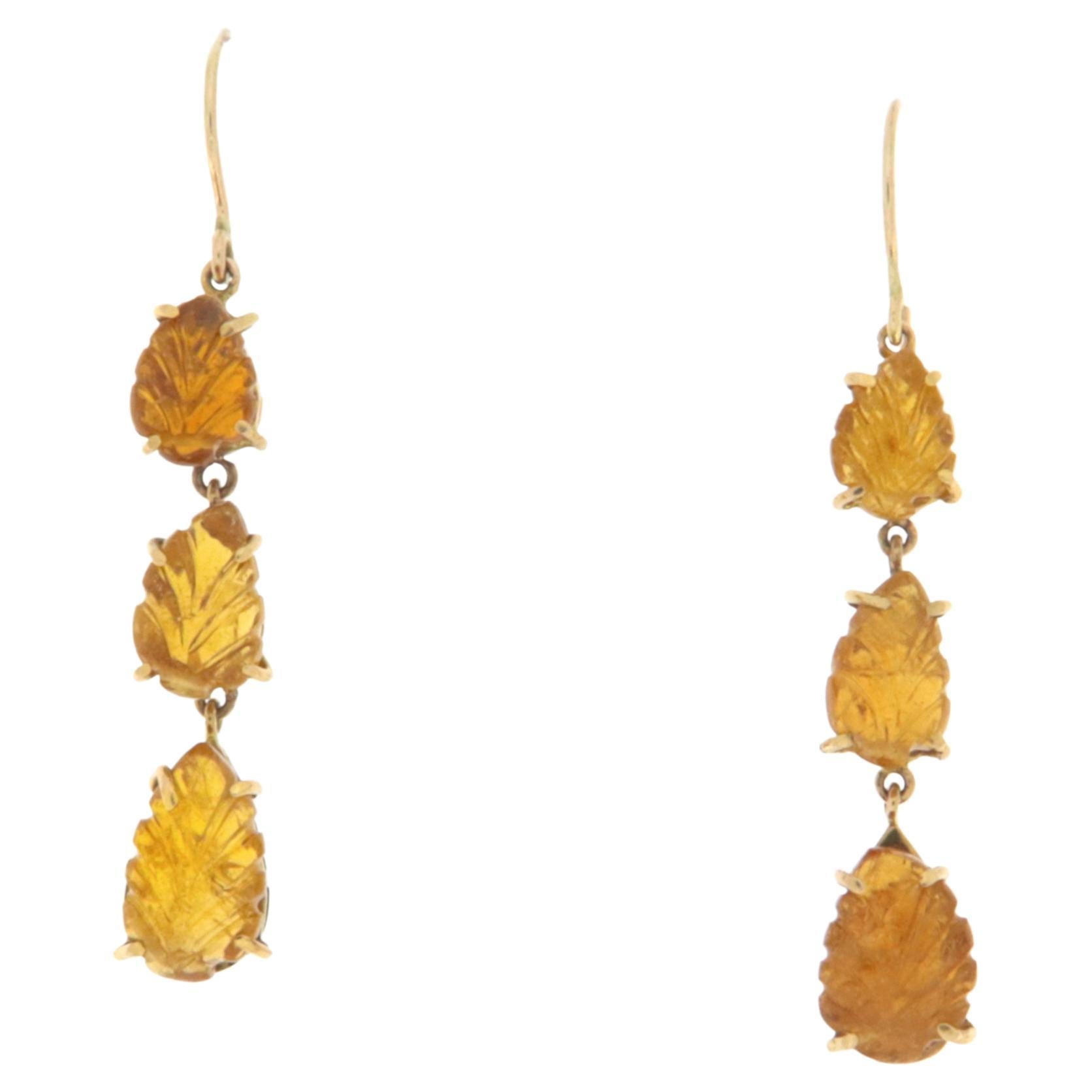 Citrine Leaves 14 Karat Yellow Gold Drop Earrings For Sale