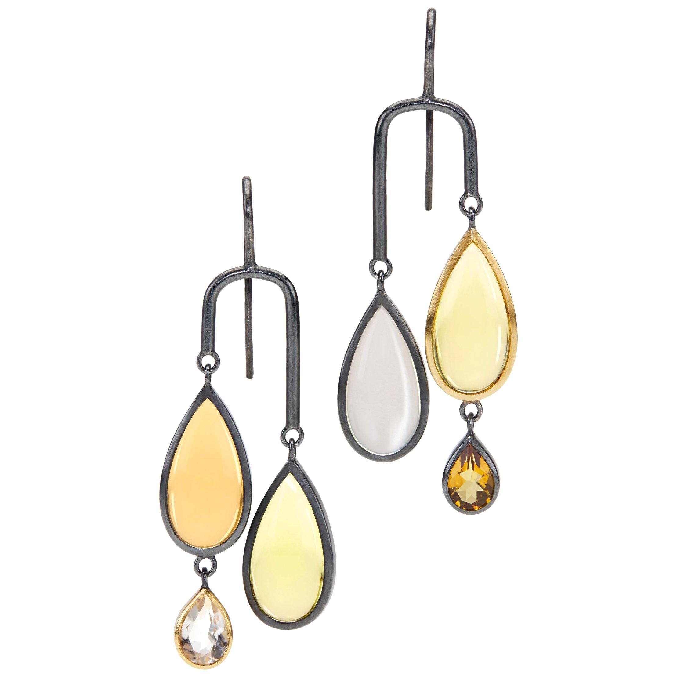 Citrine Lemon Quartz, Moonstone, Rock Crystal Sterling Silver/ 18K Gold Earrings