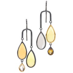 Citrine Lemon Quartz, Moonstone, Rock Crystal Sterling Silver/ 18K Gold Earrings