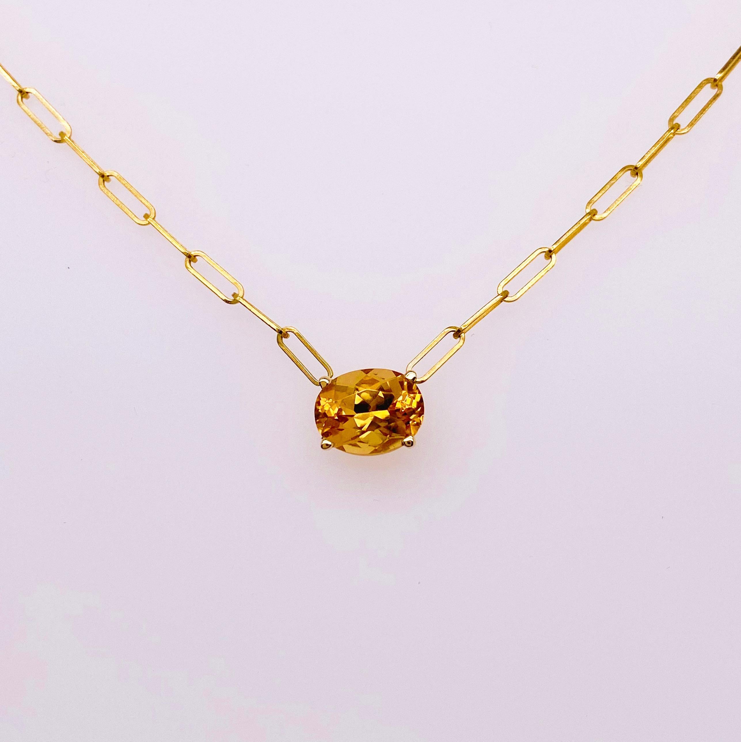 Oval Citrine Stationary Necklace 14K Yellow Gold Paperclip Chain, Paper Clip In New Condition For Sale In Austin, TX