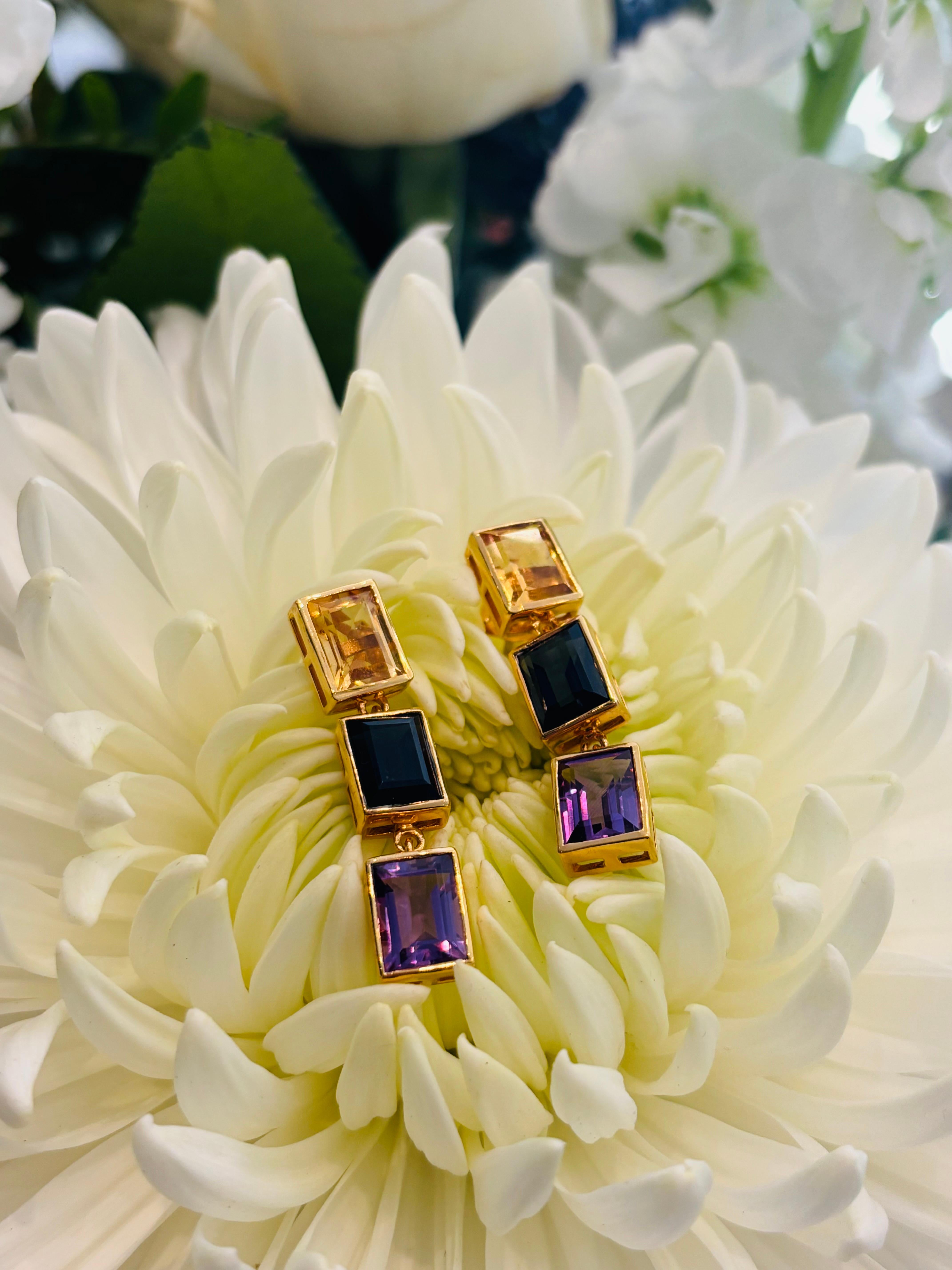 Pendientes de 3 gotas de citrino, topacio azul de Londres y amatista morada en venta 3