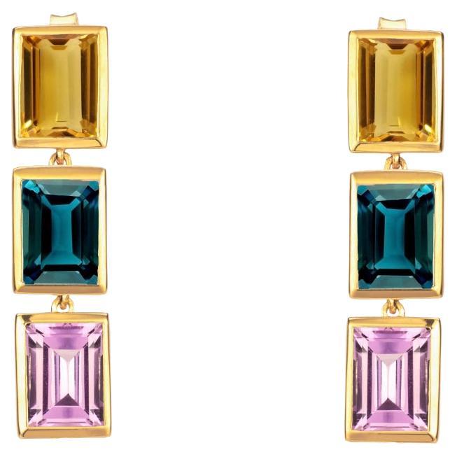 Citrine, London Blue Topaz and Purple Amethyst 3 Drop Earrings For Sale