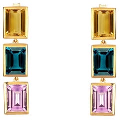 Citrine, London Blue Topaz and Purple Amethyst 3 Drop Earrings