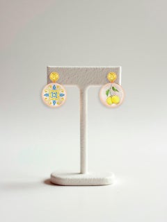 Citrine, mediterranean ornament, lemon painting, mismatched earrings studs.