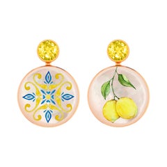 Citrine, mediterranean ornament, lemon painting, mismatched earrings studs.