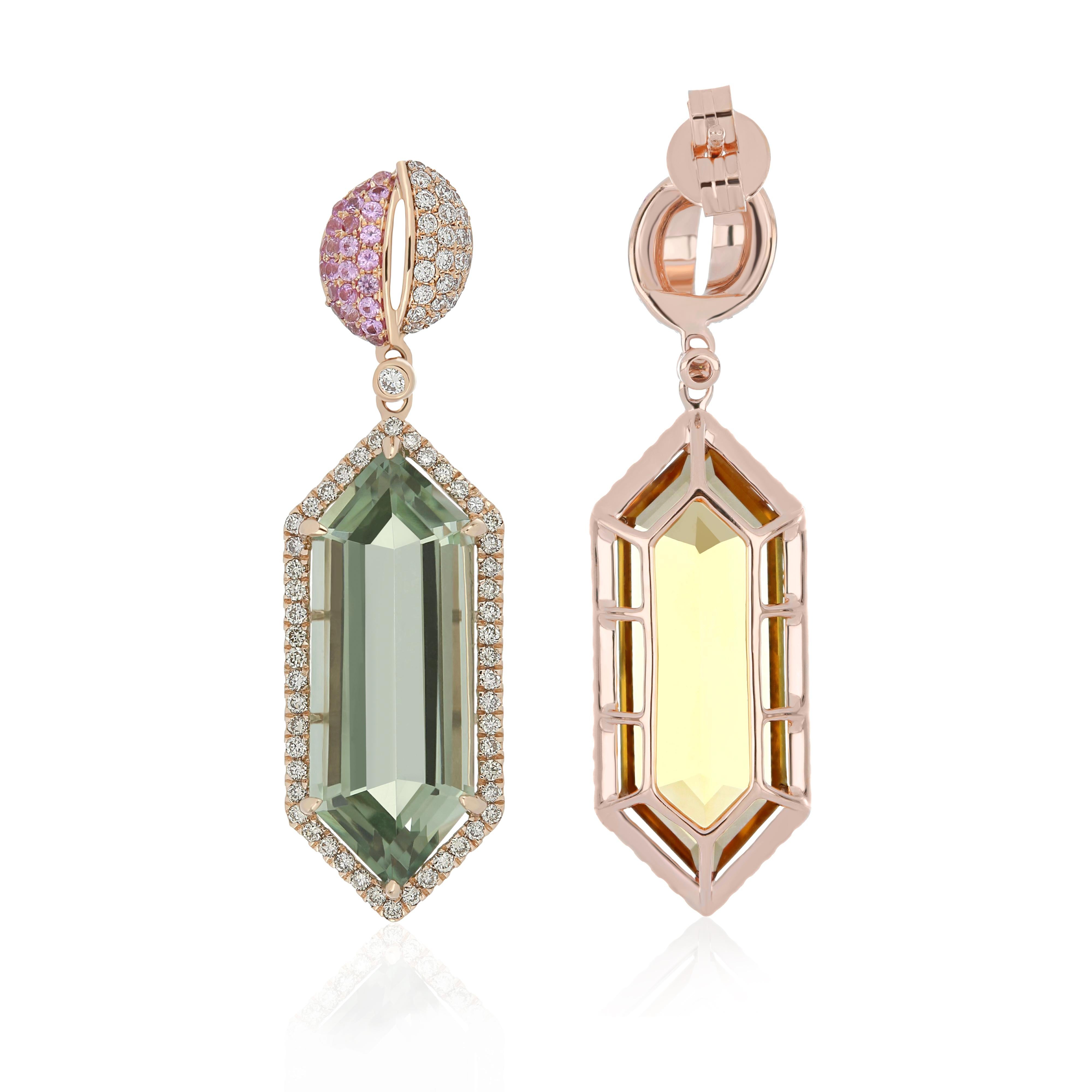 Citrine, Mint Quartz, Pink Sapphire & Diamond  Earring in 14 Karat Yellow Gold In New Condition For Sale In JAIPUR, IN