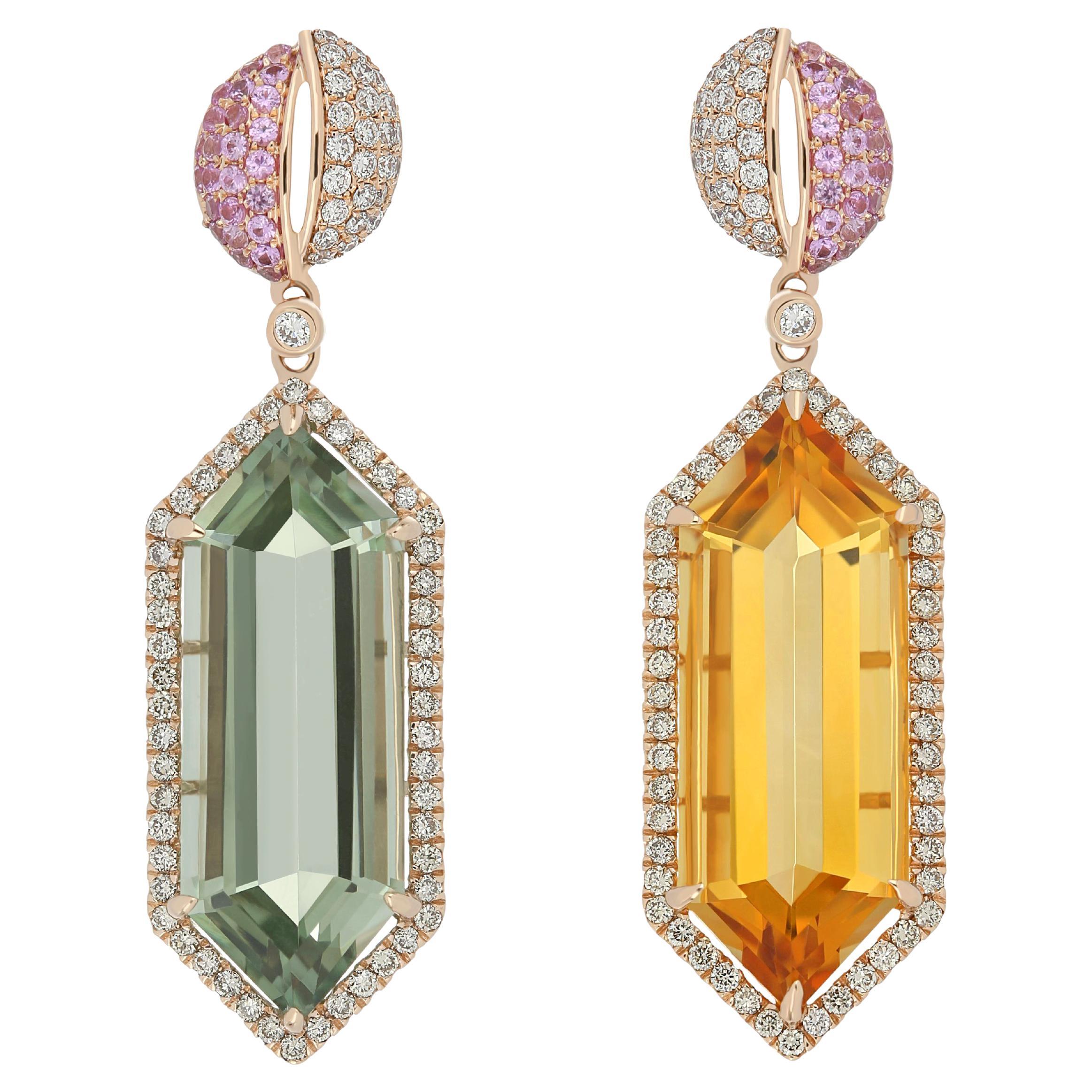Citrine, Mint Quartz, Pink Sapphire & Diamond  Earring in 14 Karat Yellow Gold For Sale