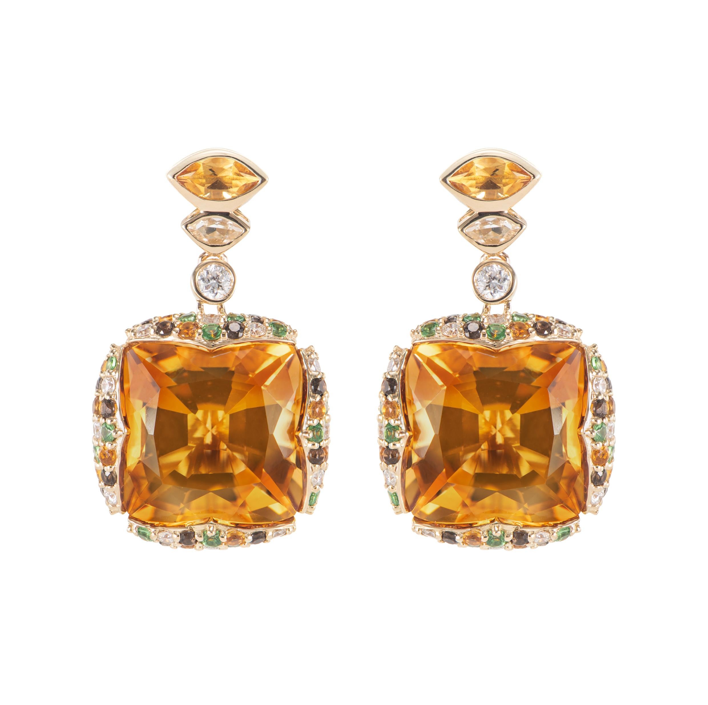 Contemporary Citrine, Multi Gemstone and White Diamond Drop Earring in 18KYG, For Sale